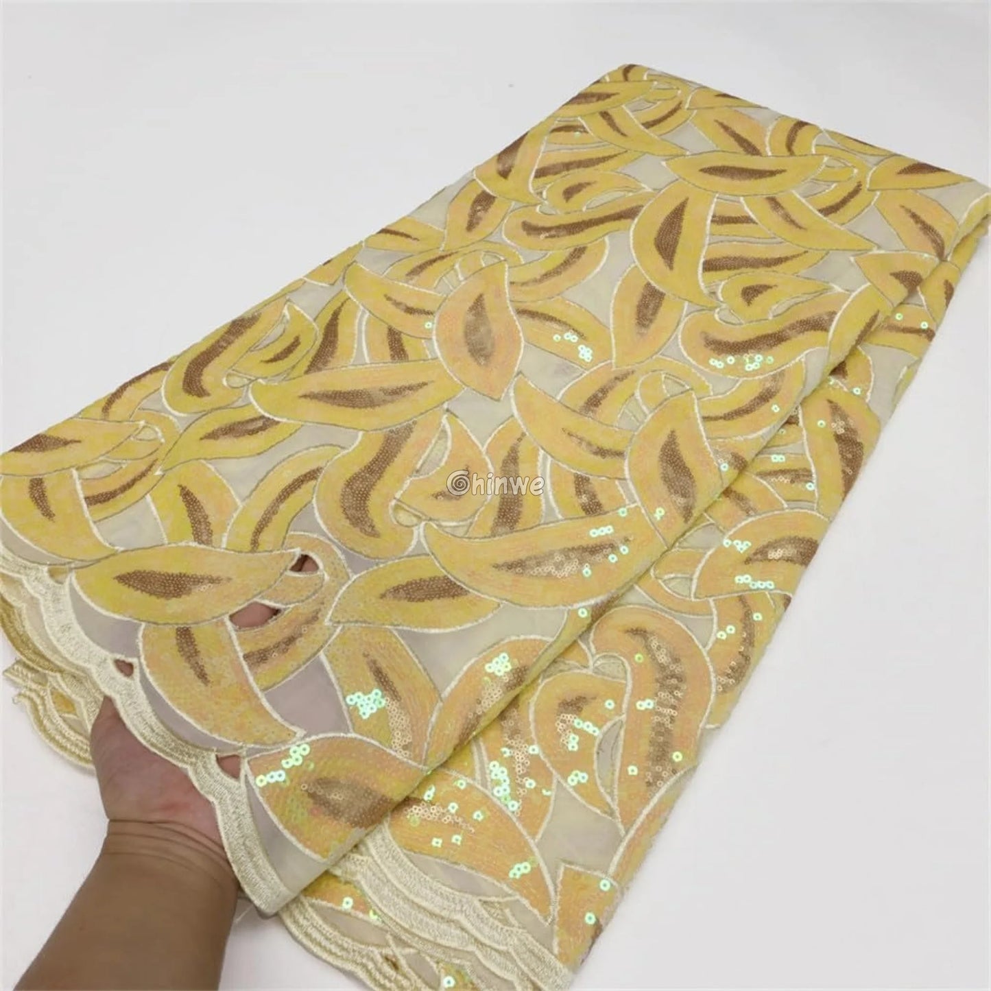 Interlocking Loop Abstract Motif Sequin Lace Print Fabric with Sheer Tulle Base Lace