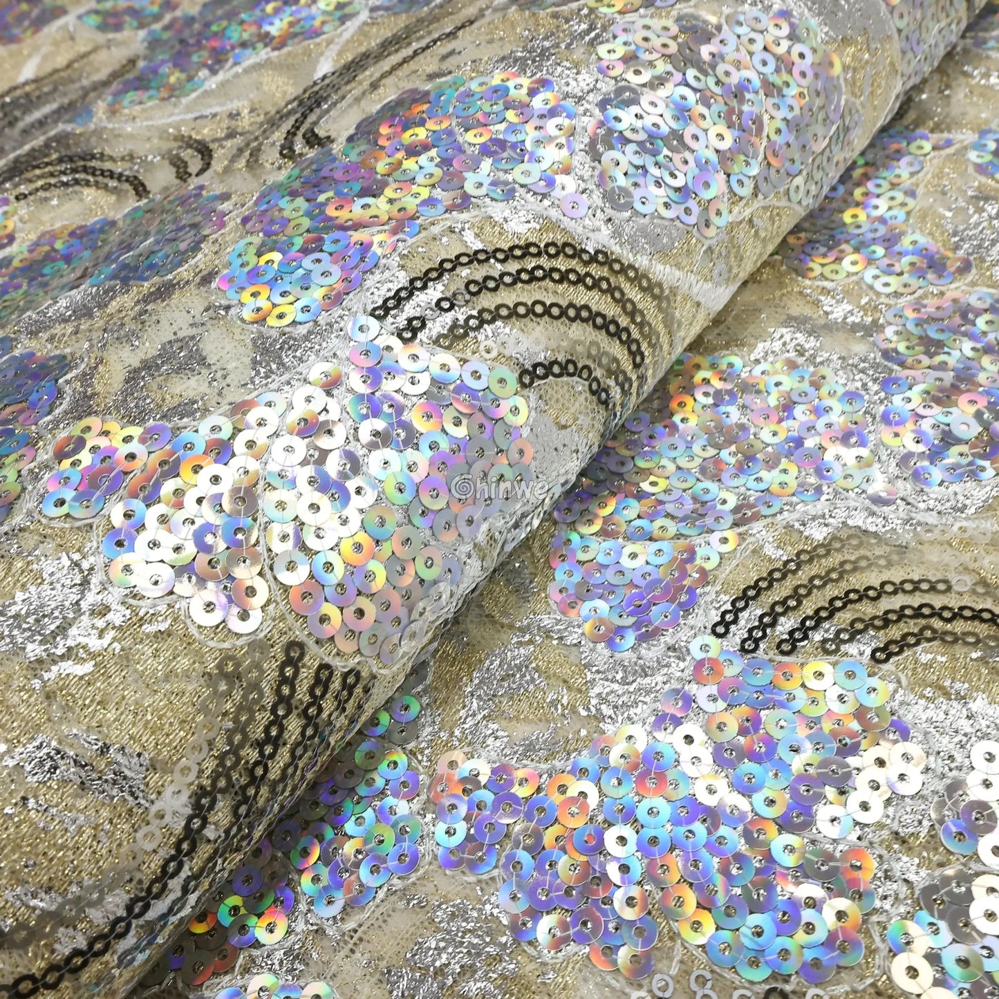 Sheer Sequin Lace Fabric with Swirling Motif and Scalloped Edge Embellished with Metallic Sequins