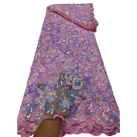 Beaded Floral French Lace with Sequins on Soft Mesh Tulle – Multicolor Embroidered Detailing Petal Blush / 5 yards