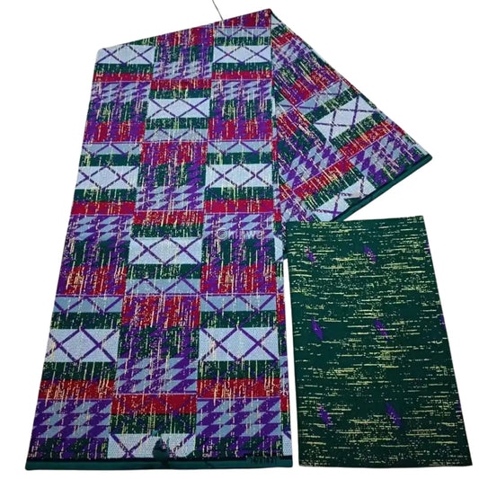 Red Green & Purple Kente Brocade with Patchwork Grid Motif and Multicolor Metallic Detailing Festival Grid Kente