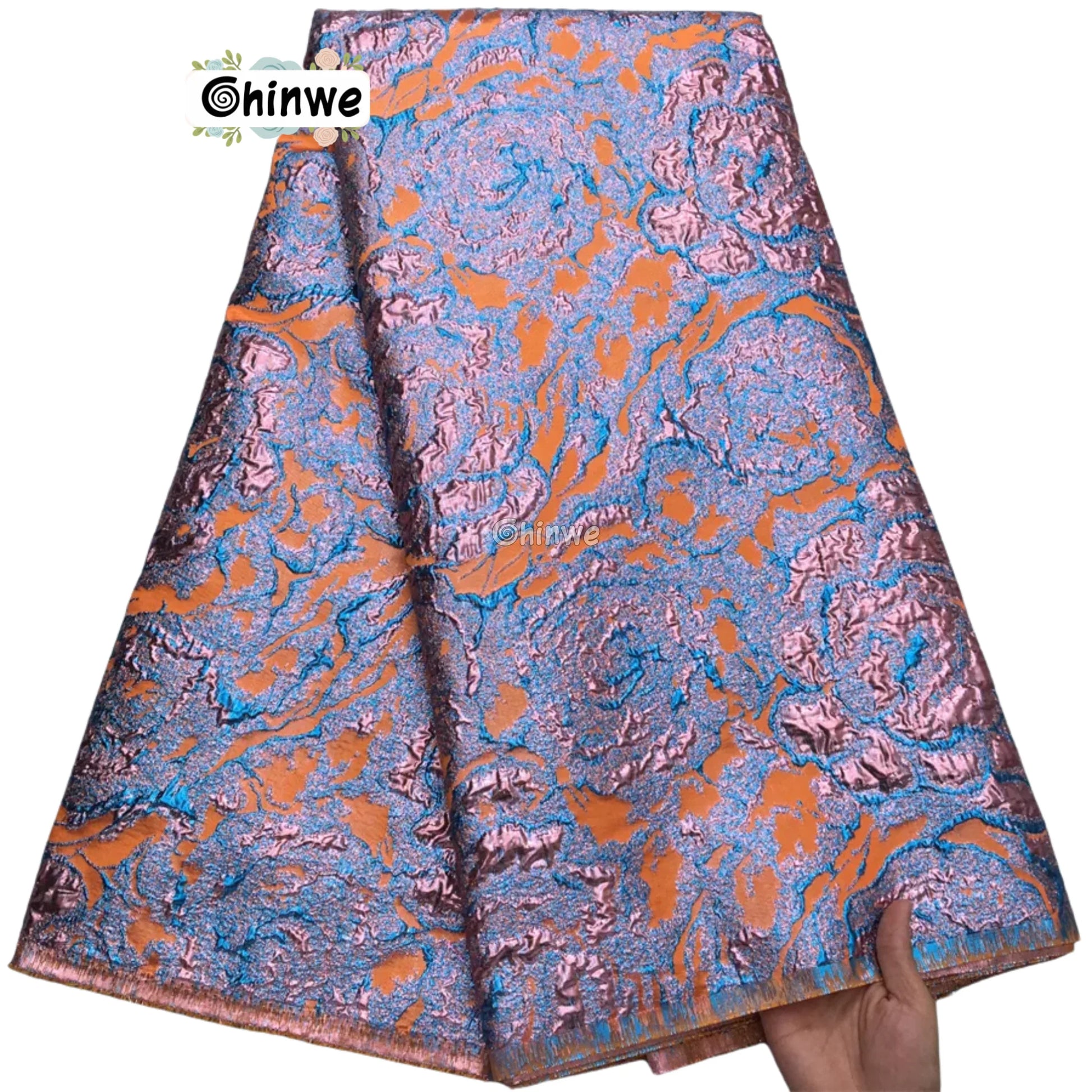 Textured Damask & Brocade Lace Fabric with Raised Floral Motif and Metallic Sheen Gradient