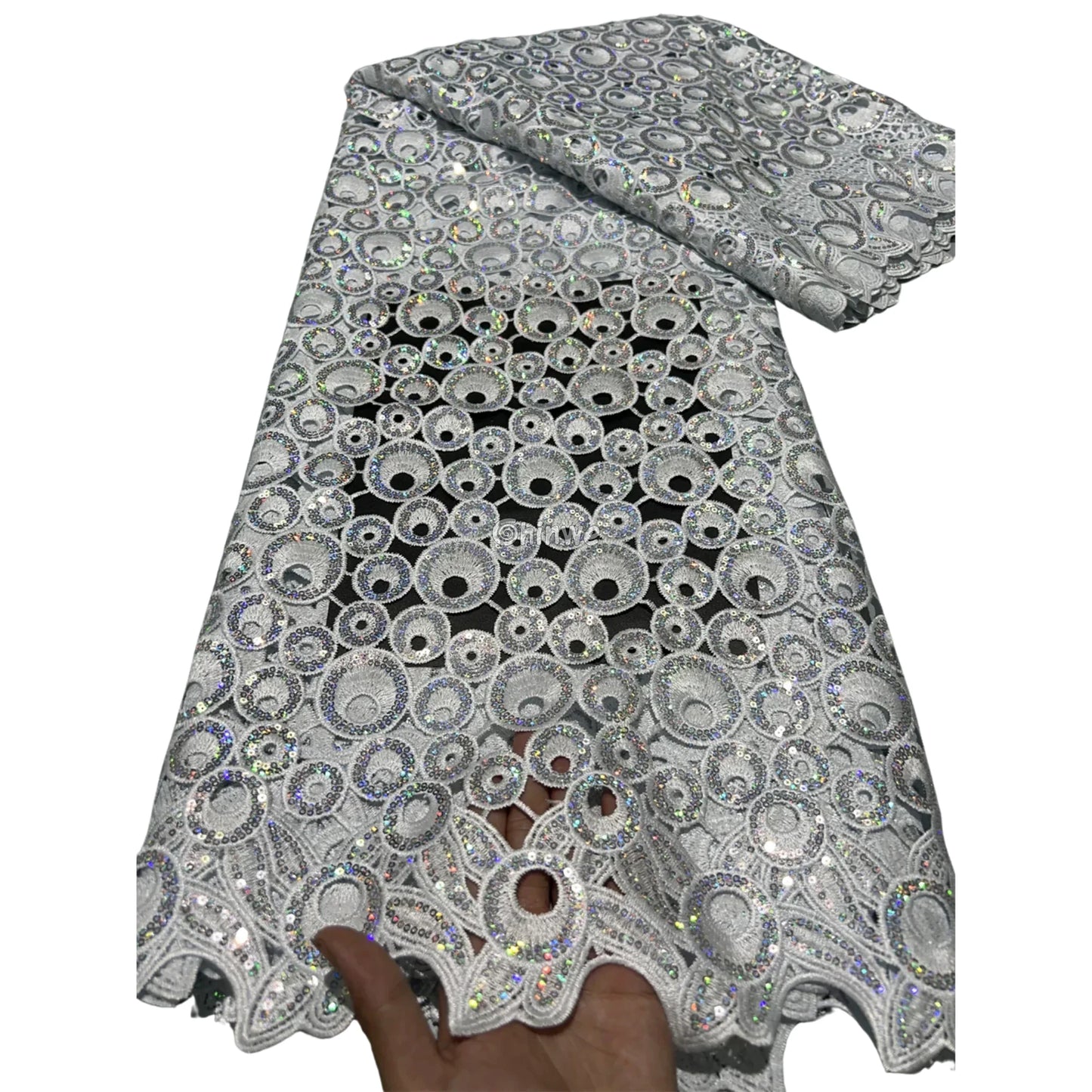 Vibrant Multi-Tone & Holographic Circular Sequins Print Guipure Cord Lace Fabric for Bridal & Couture Gowns Lace Fabric