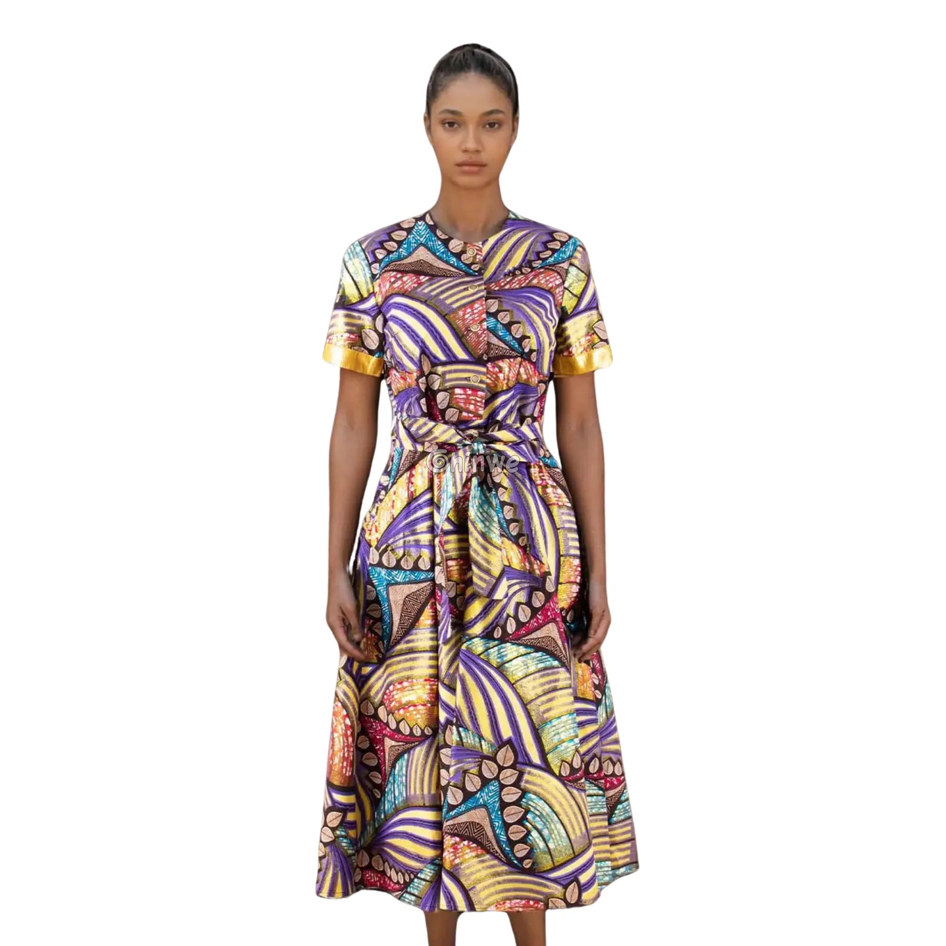 Ada Midi Belted Ankara Dress in Electric Garden Women’s Clothing