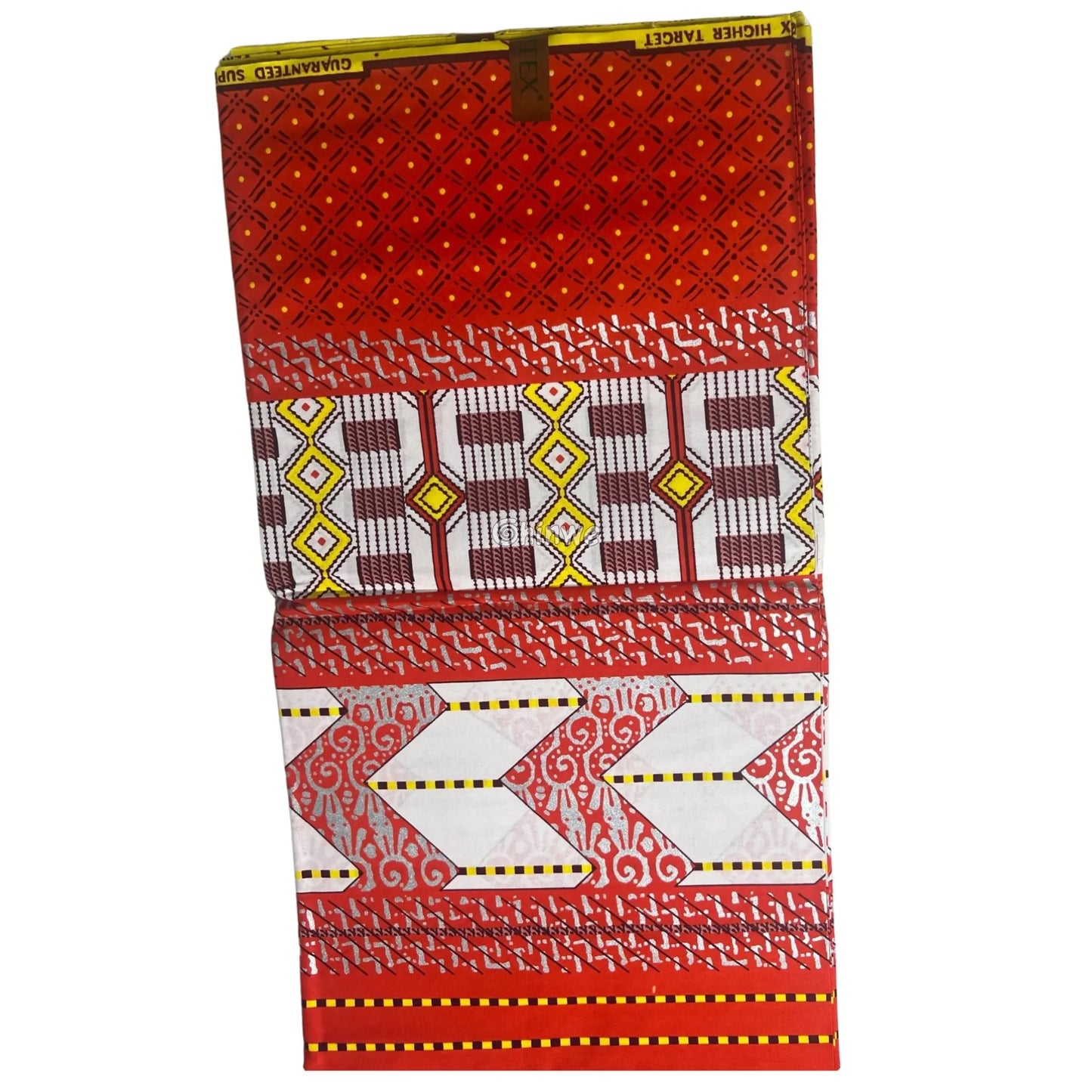 Red White & Gold Kente Brocade with Geometric Motifs Arrow Panels & Metallic Detailing Royal Cipher Kente / 6yards