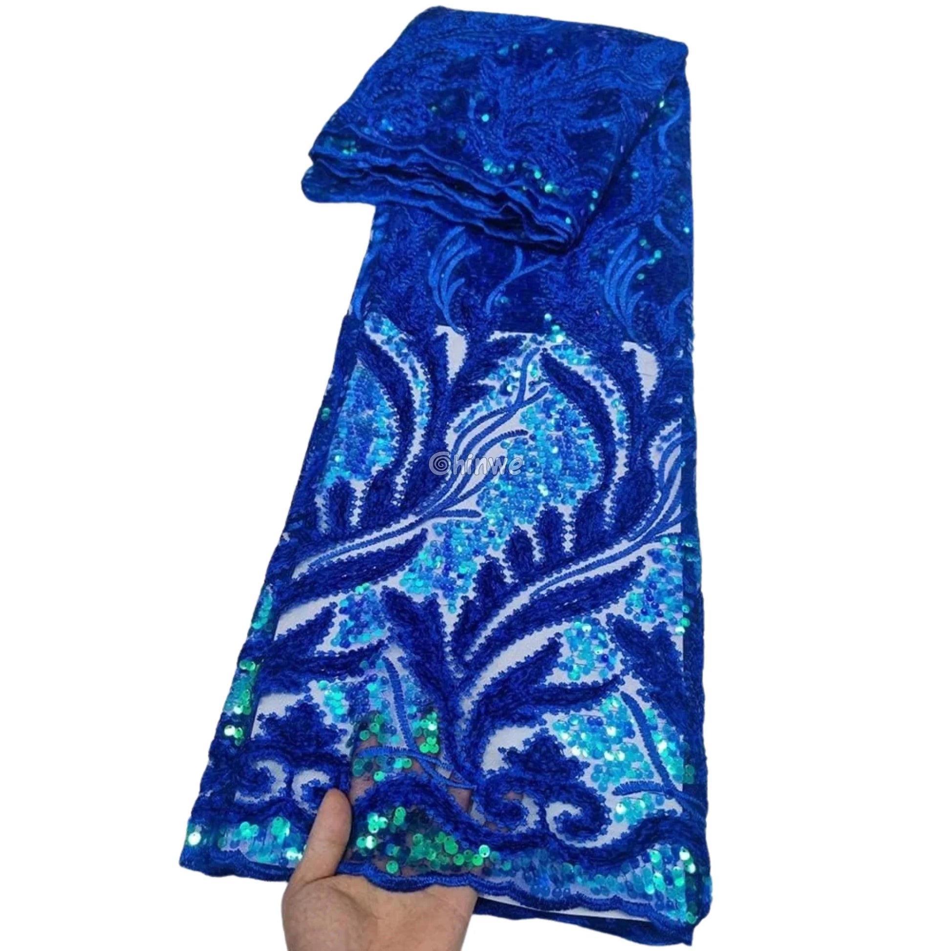 Sapphire Blue Champagne Gold & Emerald Green Swirl Appliqué Sequined Mesh Print Fabric Lace