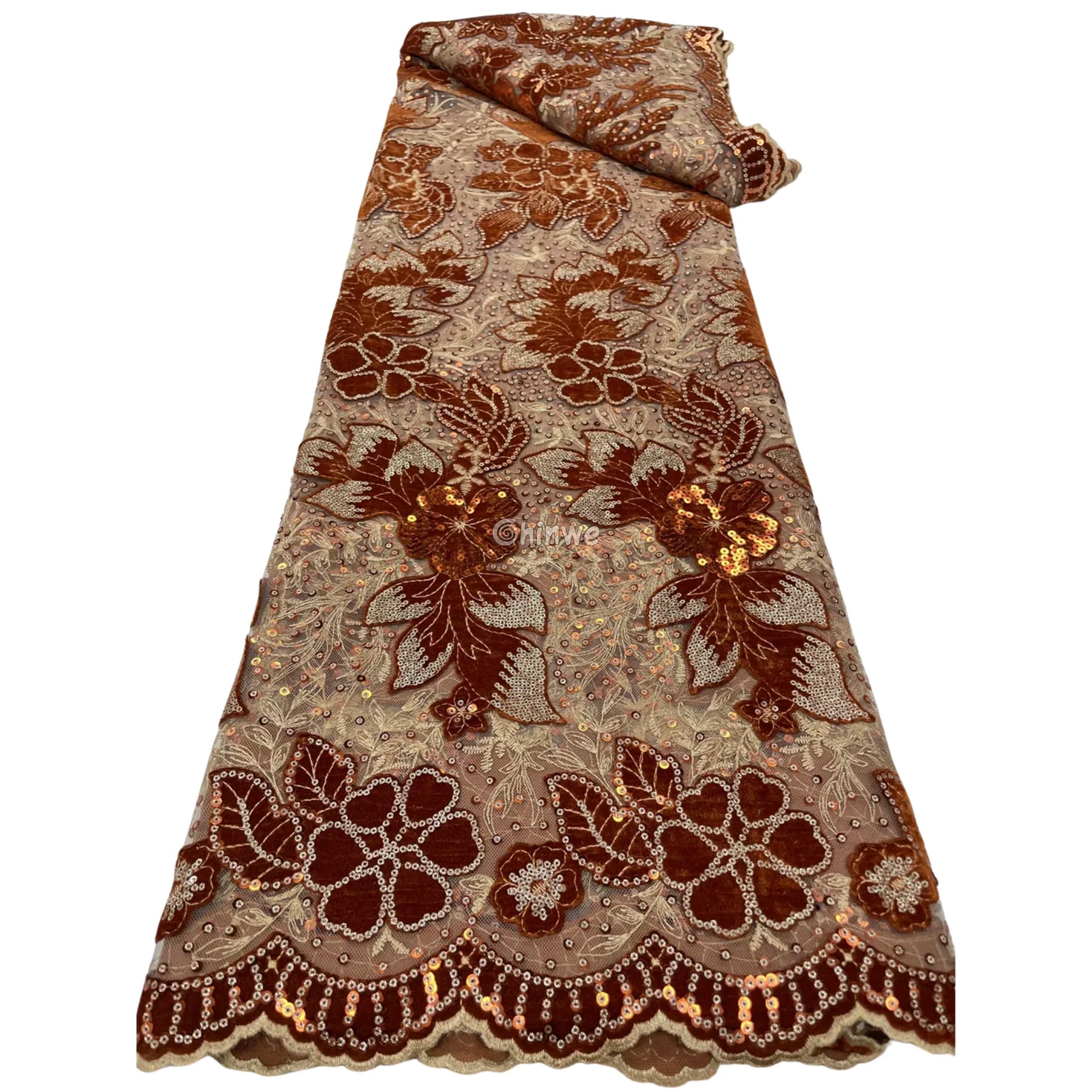 Champagne Mesh Floral Velvet Appliqué Sequined Lace Fabric with Scalloped Floral Edge