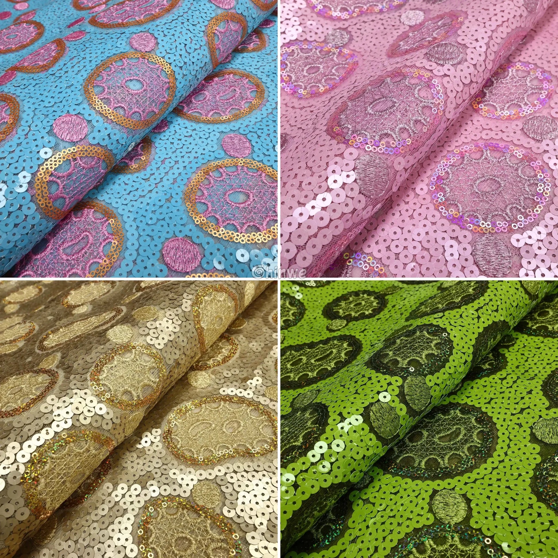 Sheer Sequined Stretch Lace Geometric Circle & Medallion Embroidered Print Fabric Lace