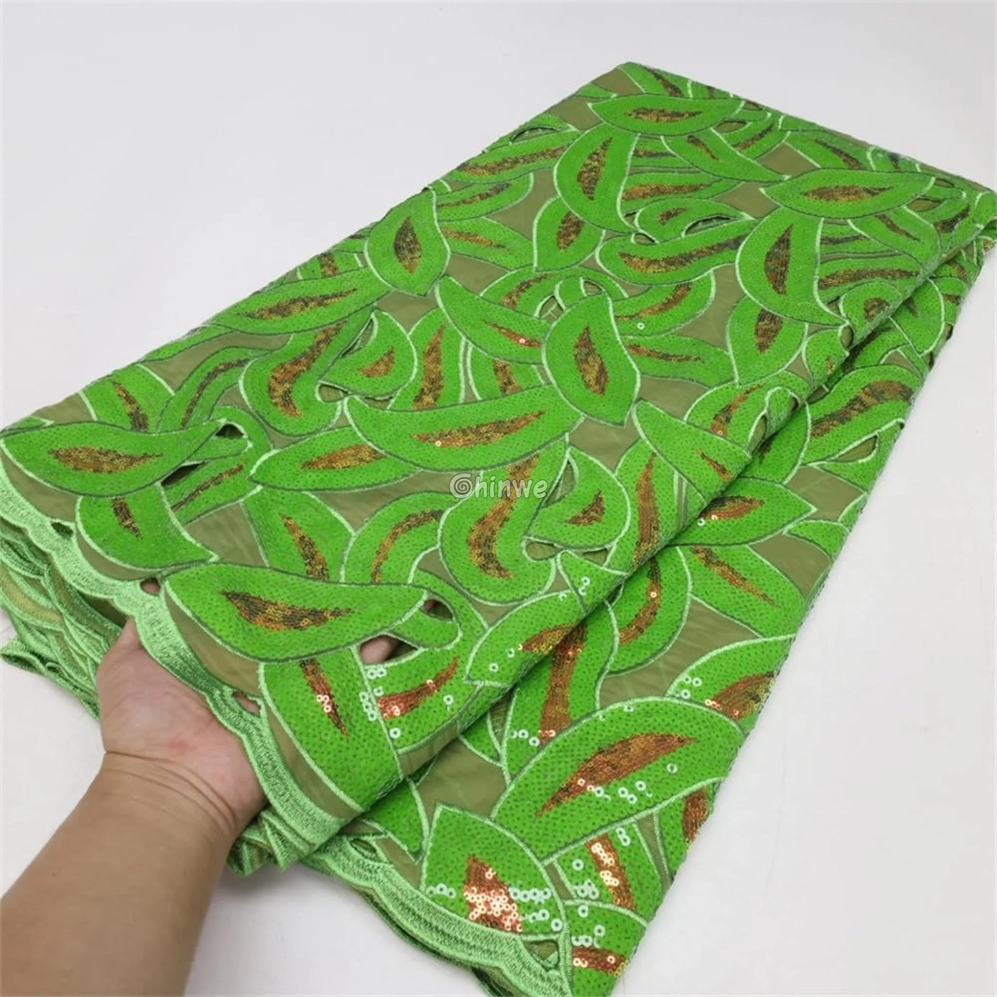 Interlocking Loop Abstract Motif Sequin Lace Print Fabric with Sheer Tulle Base Lace