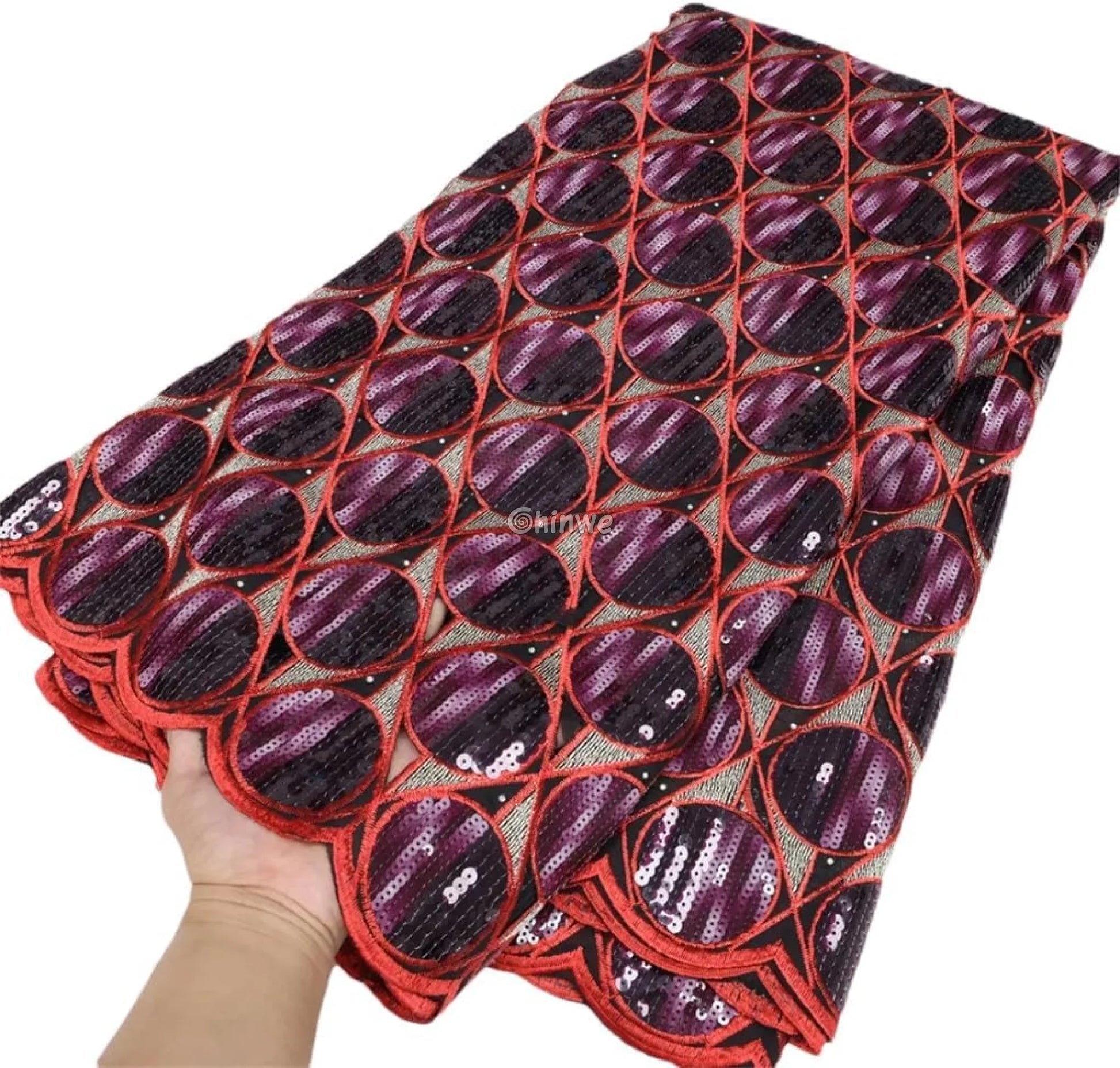 Embroidered Sequined Rose Pink & Champagne Circle Lattice Mesh Print Fabric Lace