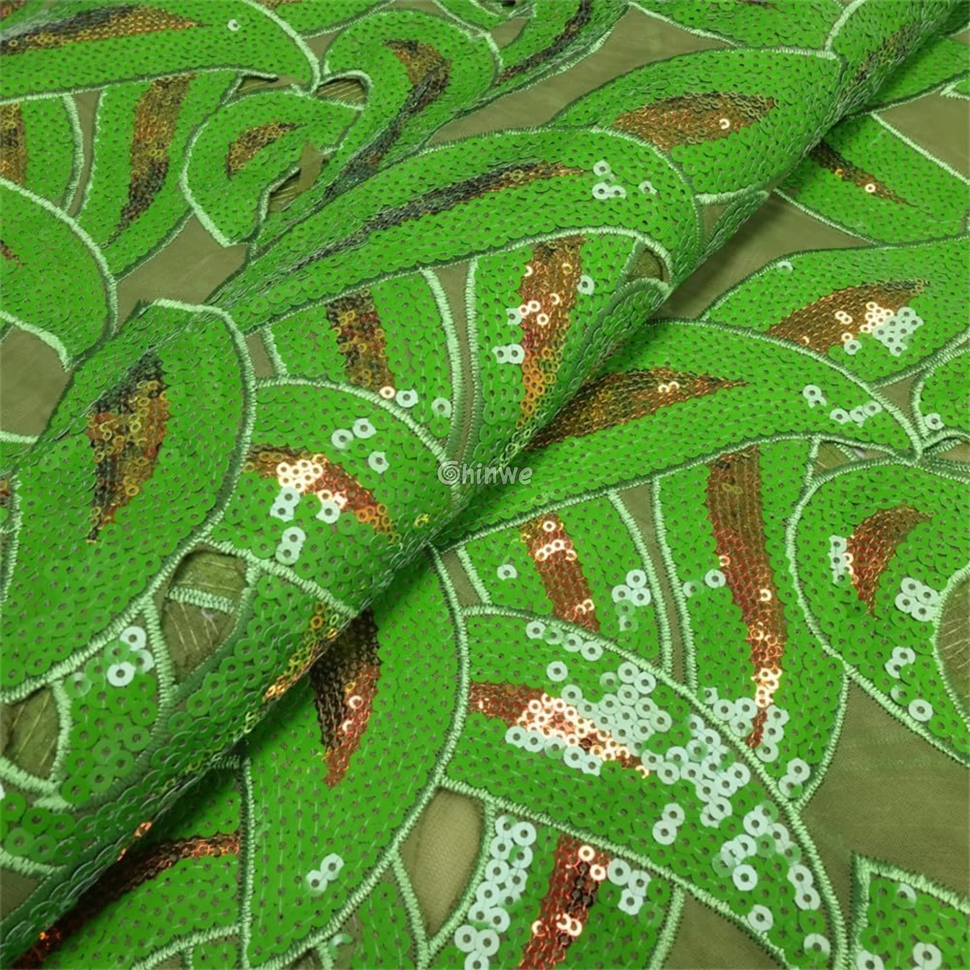 Interlocking Loop Abstract Motif Sequin Lace Print Fabric with Sheer Tulle Base Lace