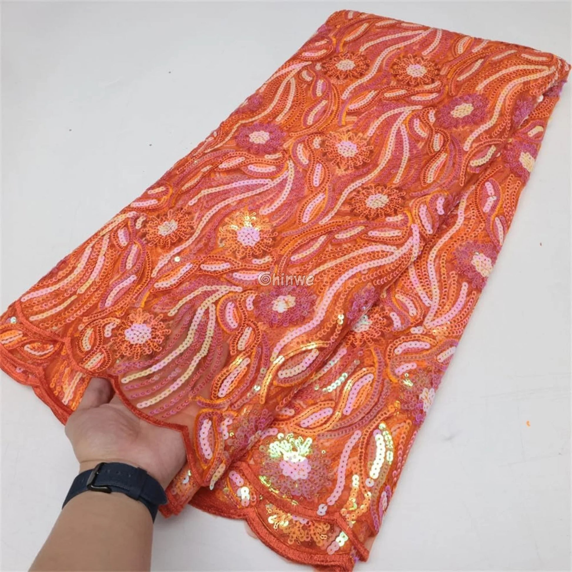 Amethyst & Rose Swirling Waves & Floral Medallion Sequin Print Fabric Lace