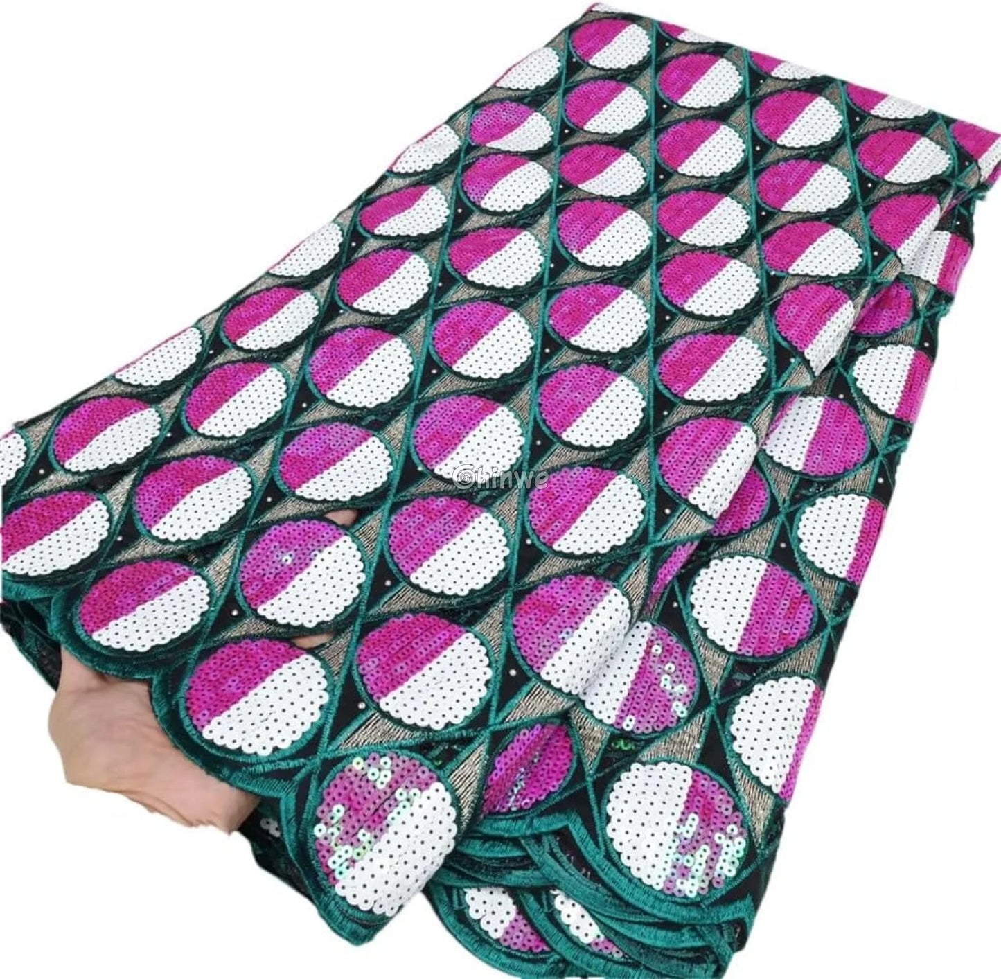 Embroidered Sequined Rose Pink & Champagne Circle Lattice Mesh Print Fabric Lace