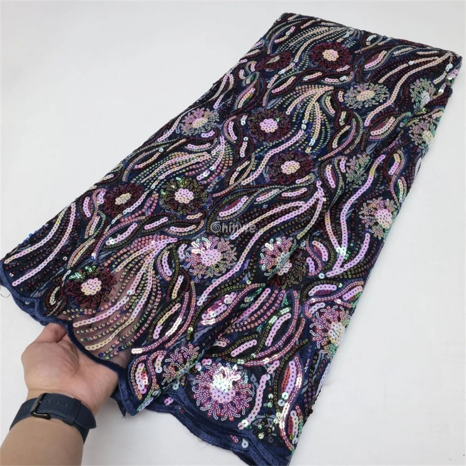 Amethyst & Rose Swirling Waves & Floral Medallion Sequin Print Fabric Lace