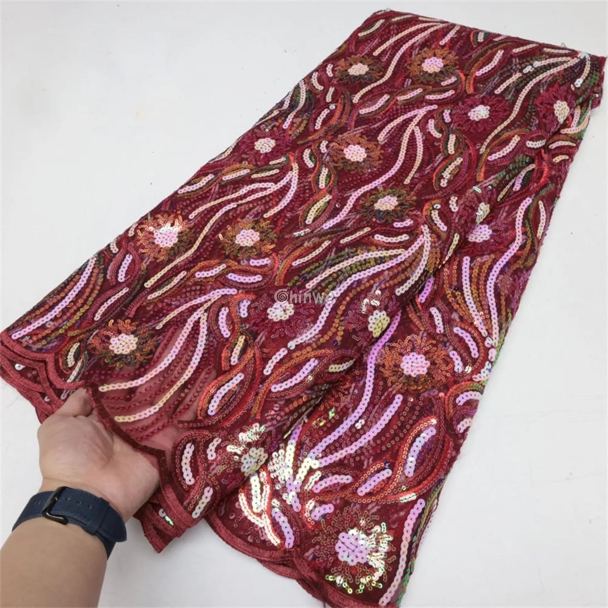 Amethyst & Rose Swirling Waves & Floral Medallion Sequin Print Fabric Lace