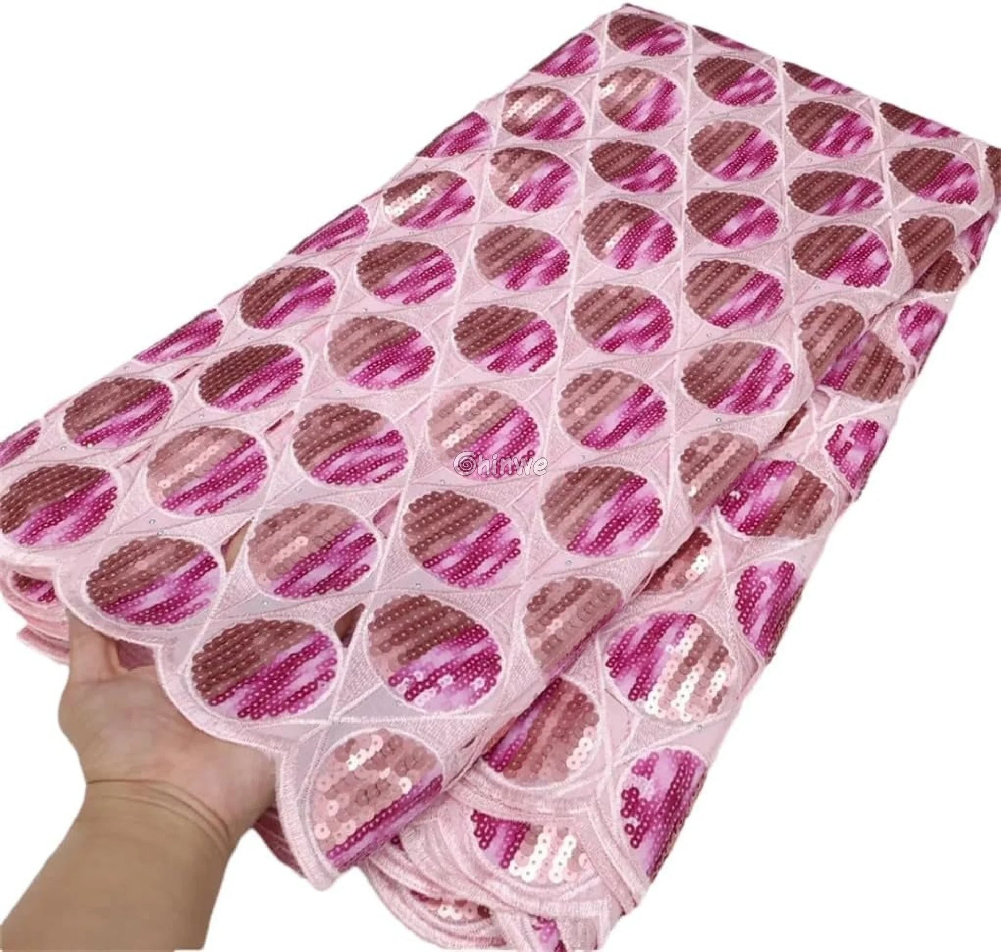 Embroidered Sequined Rose Pink & Champagne Circle Lattice Mesh Print Fabric Lace