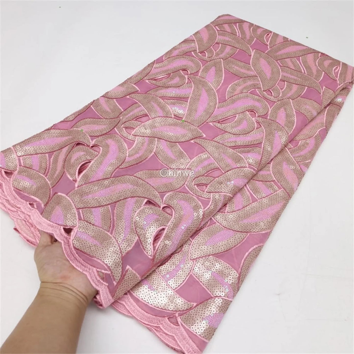 Interlocking Loop Abstract Motif Sequin Lace Print Fabric with Sheer Tulle Base Lace