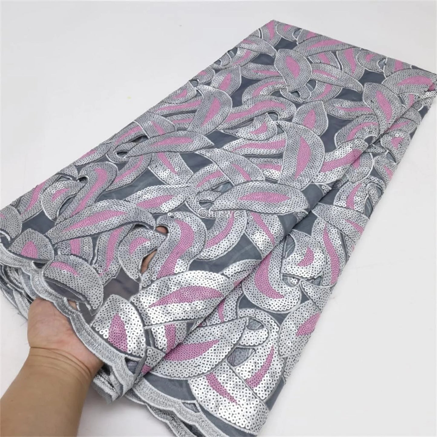 Interlocking Loop Abstract Motif Sequin Lace Print Fabric with Sheer Tulle Base Lace