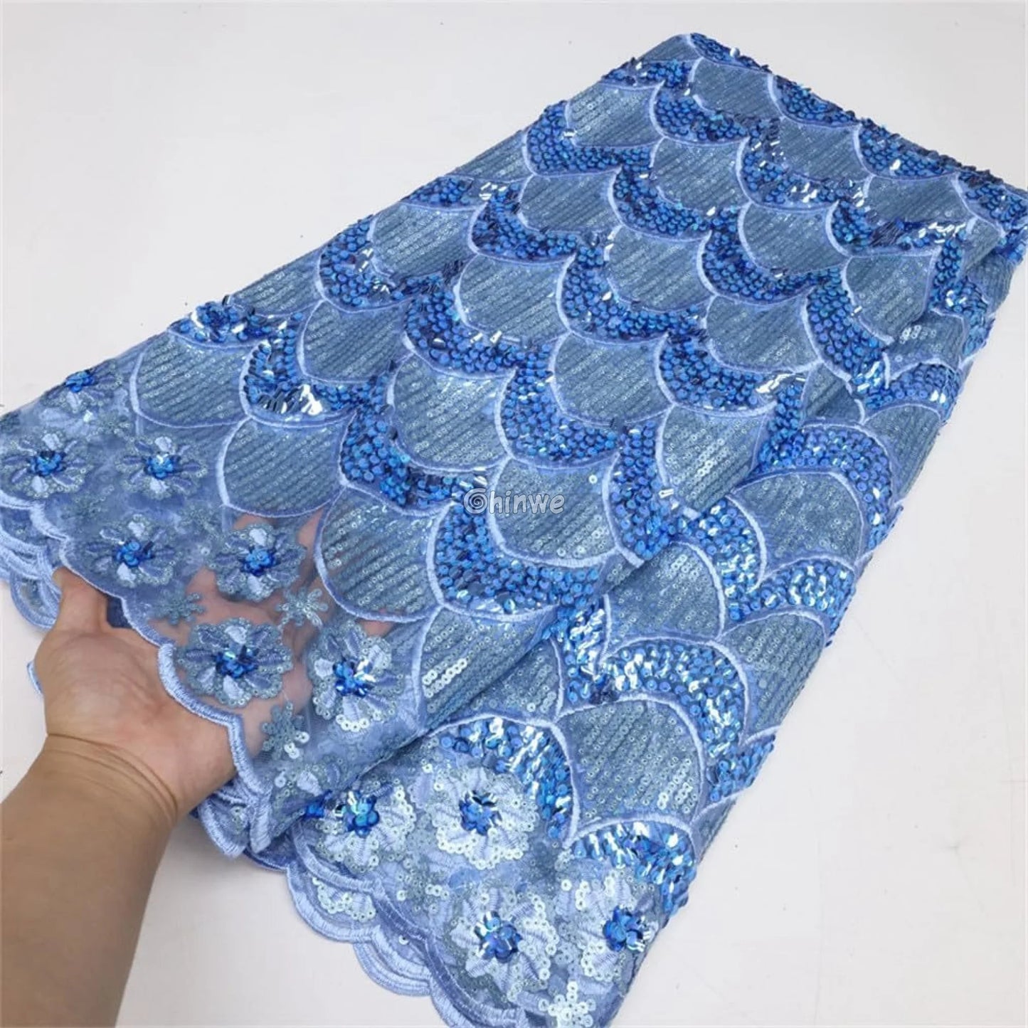 Scalloped-Arch Sequin Lace Print Fabric with Embroidered Floral Border and Sequined Sheen