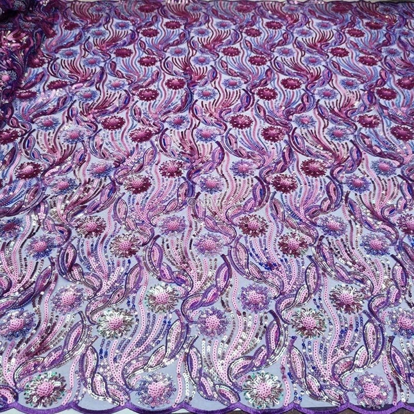 Amethyst & Rose Swirling Waves & Floral Medallion Sequin Print Fabric Lace