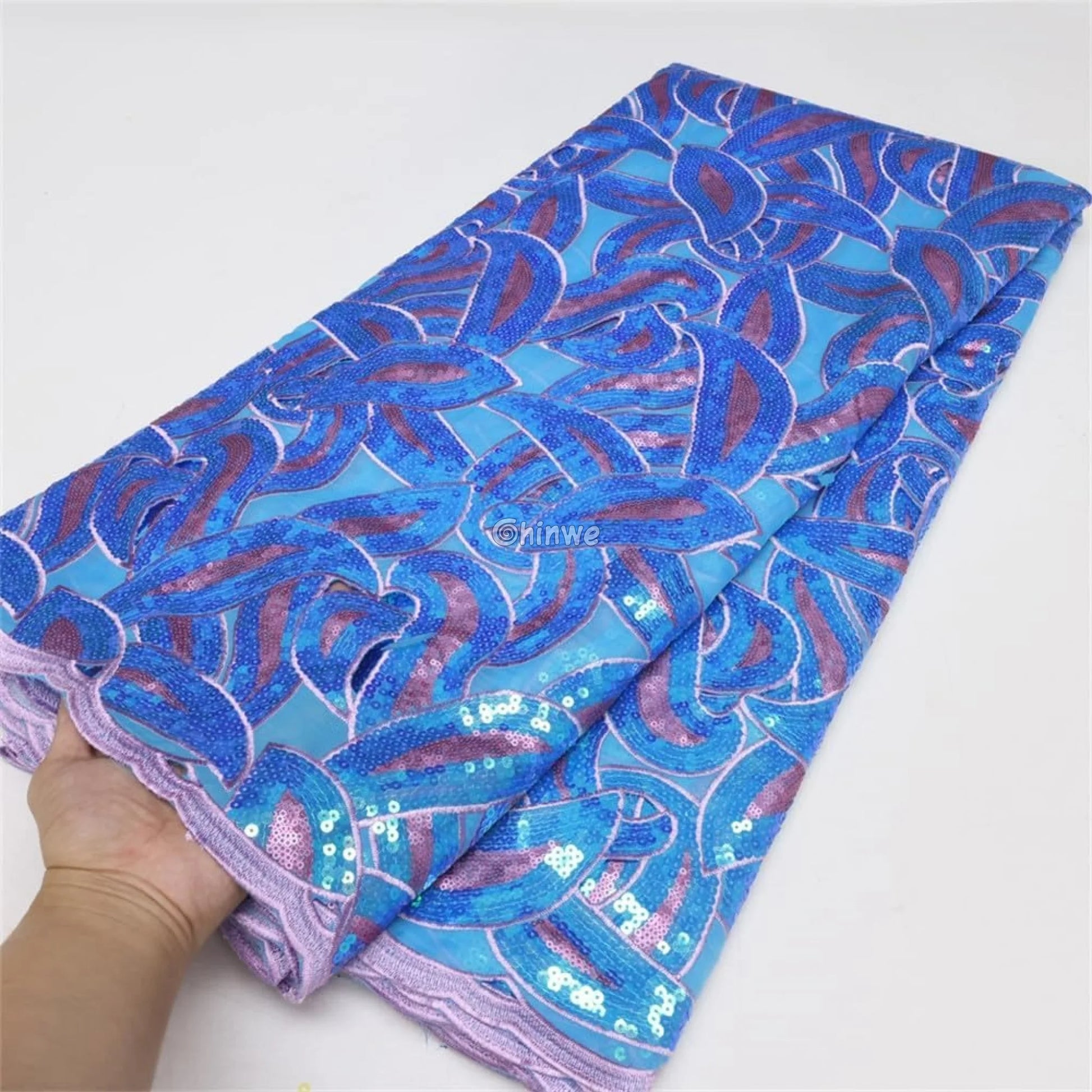 Interlocking Loop Abstract Motif Sequin Lace Print Fabric with Sheer Tulle Base Lace