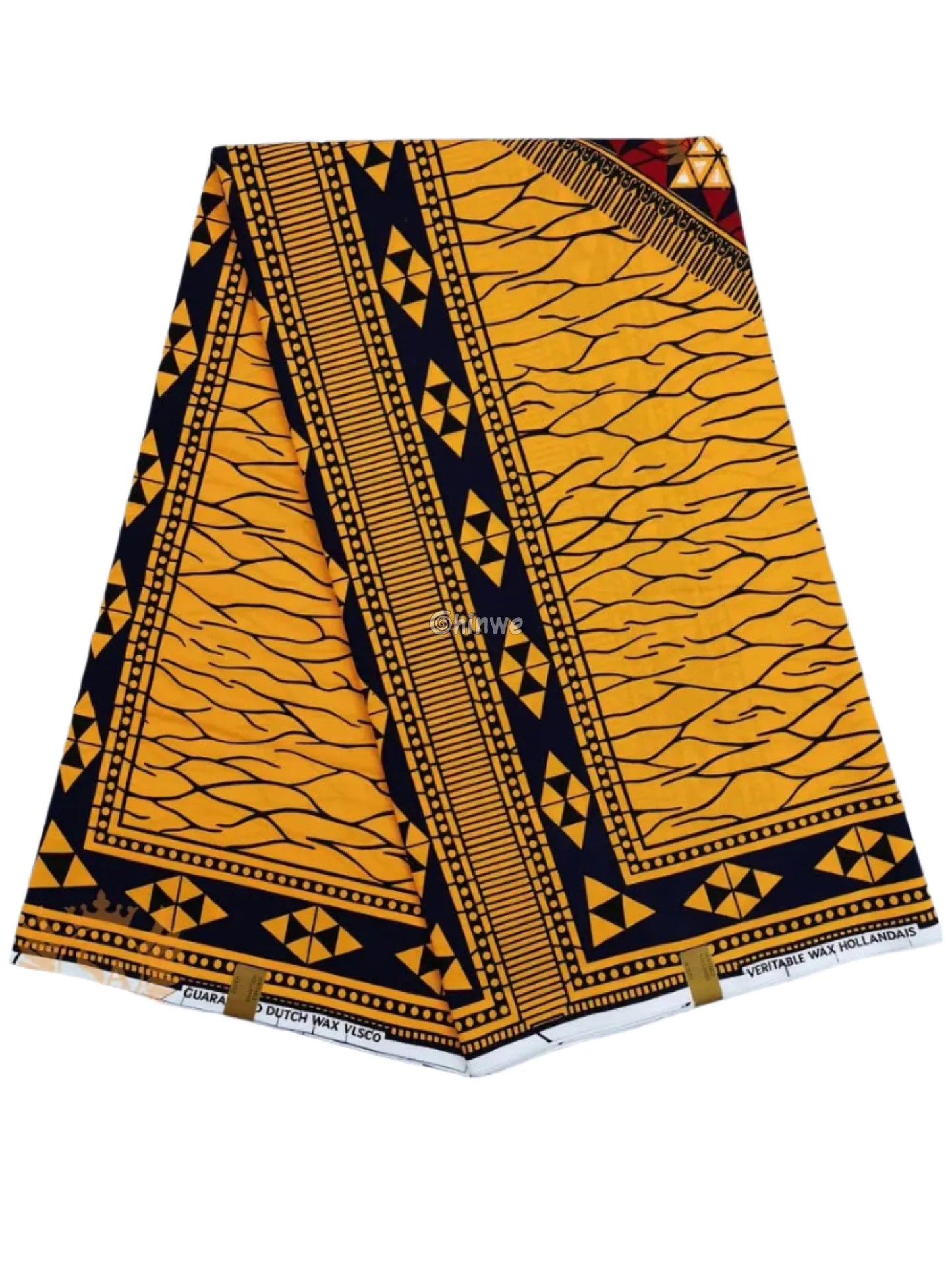 Black and Gold Ankara Wax Print Fabric with Wavy Line Field and Triangle Border Motif 6 yards cotton