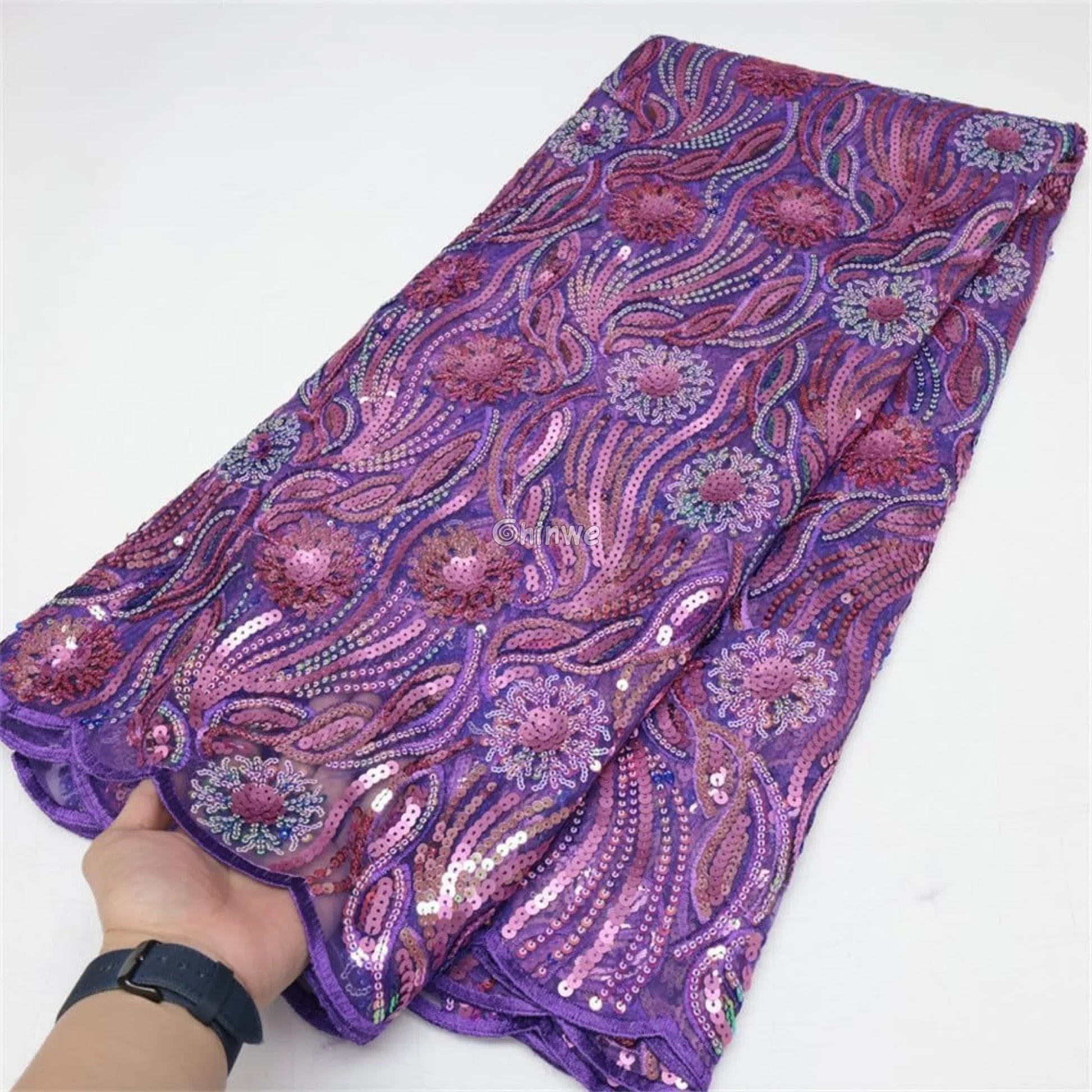 Amethyst & Rose Swirling Waves & Floral Medallion Sequin Print Fabric Lace