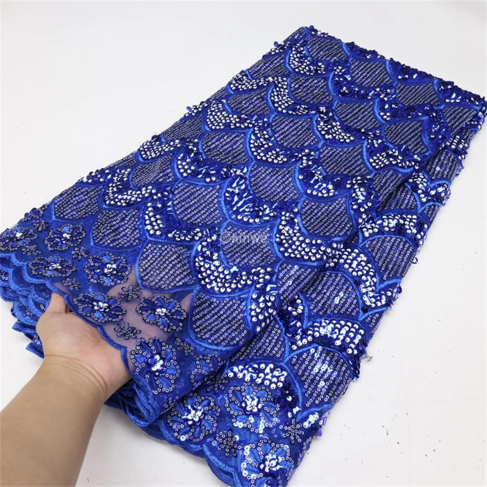 Scalloped-Arch Sequin Lace Print Fabric with Embroidered Floral Border and Sequined Sheen