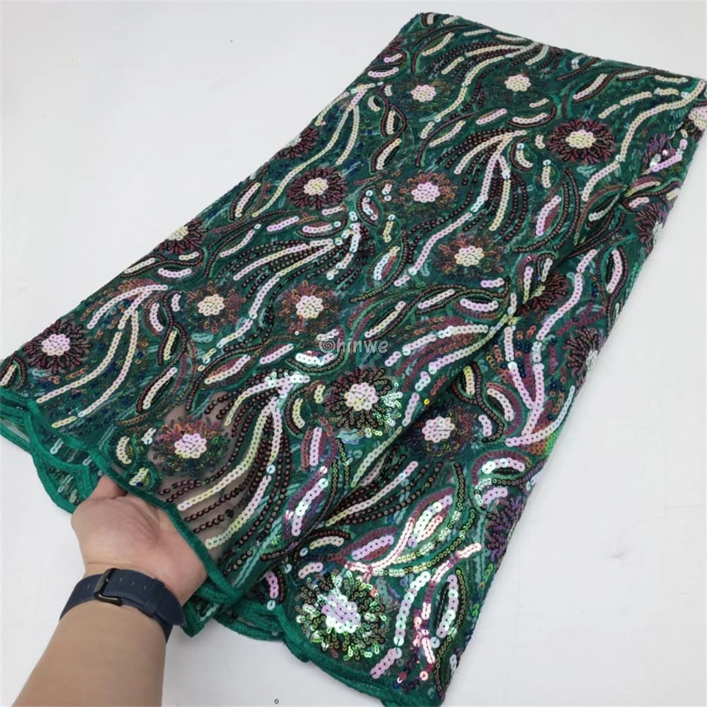 Amethyst & Rose Swirling Waves & Floral Medallion Sequin Print Fabric Lace