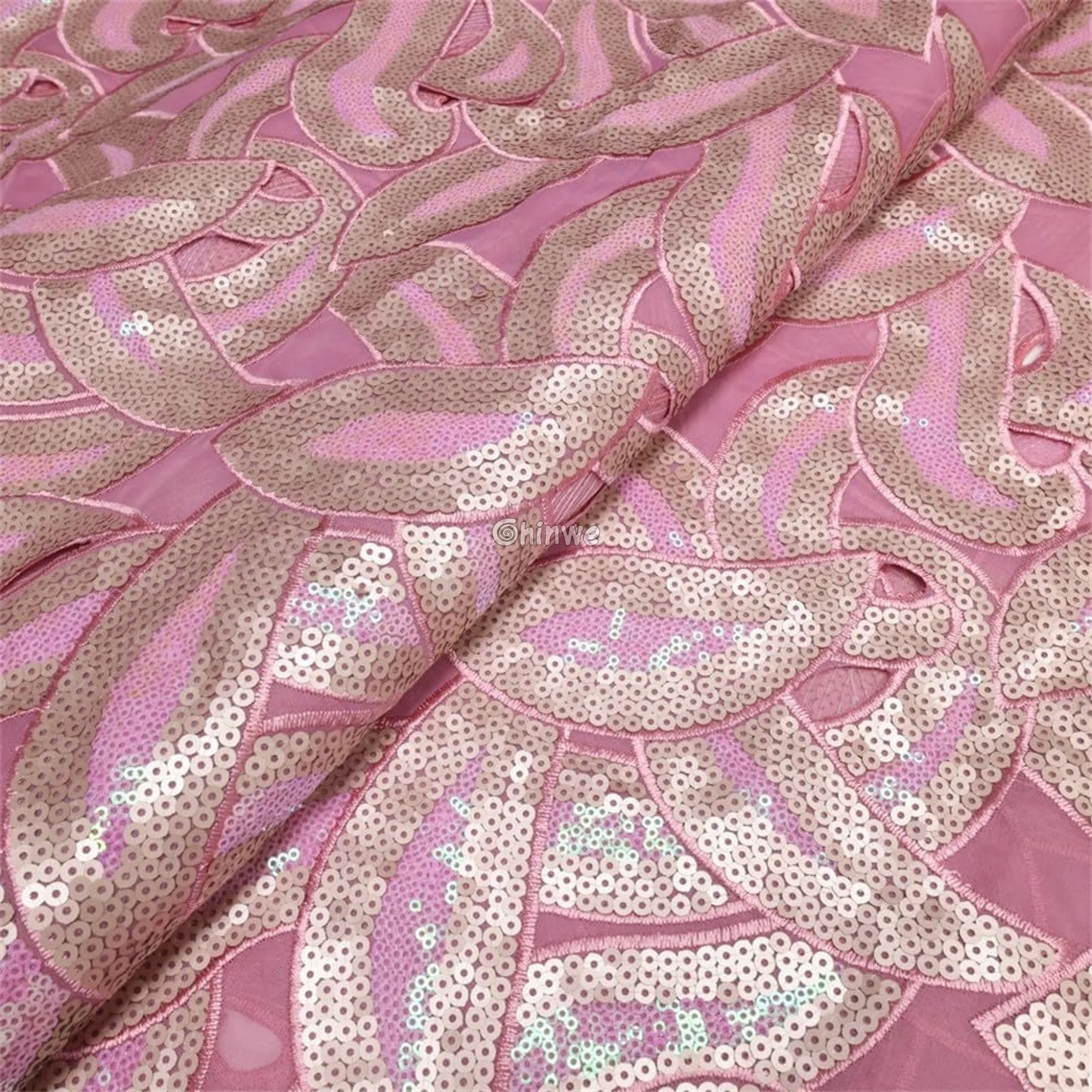 Interlocking Loop Abstract Motif Sequin Lace Print Fabric with Sheer Tulle Base Lace