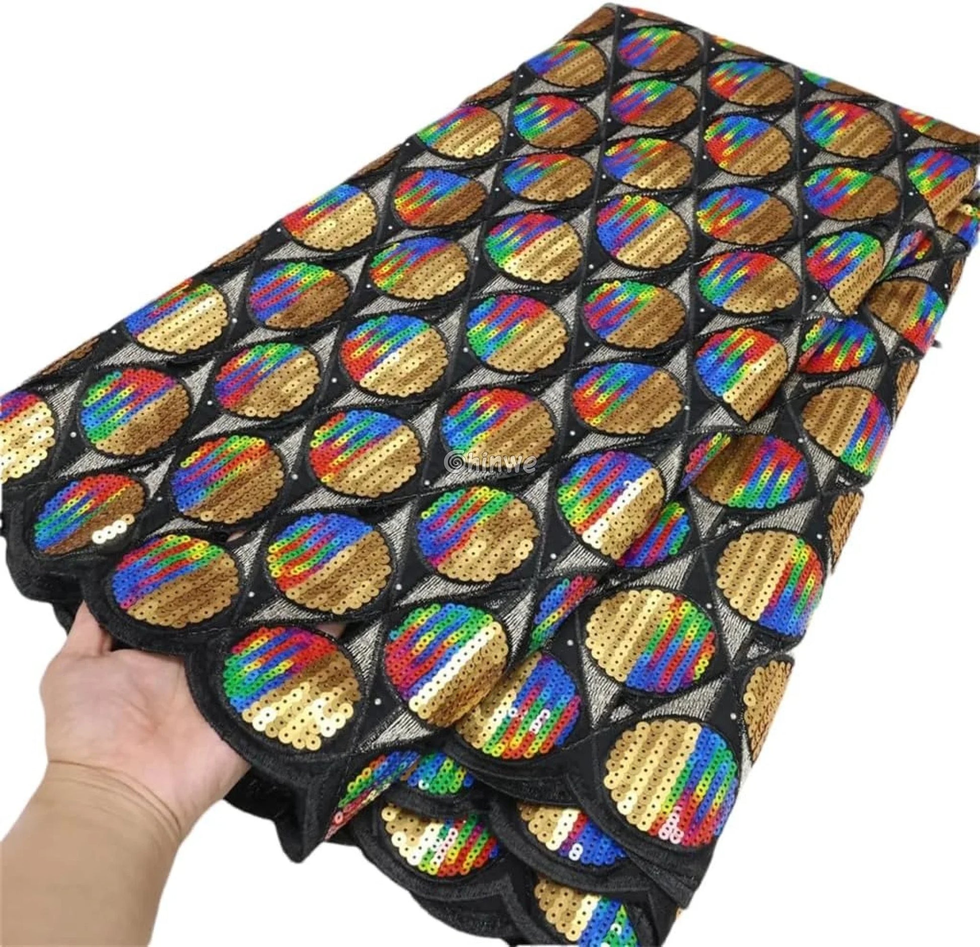 Embroidered Sequined Rose Pink & Champagne Circle Lattice Mesh Print Fabric Lace