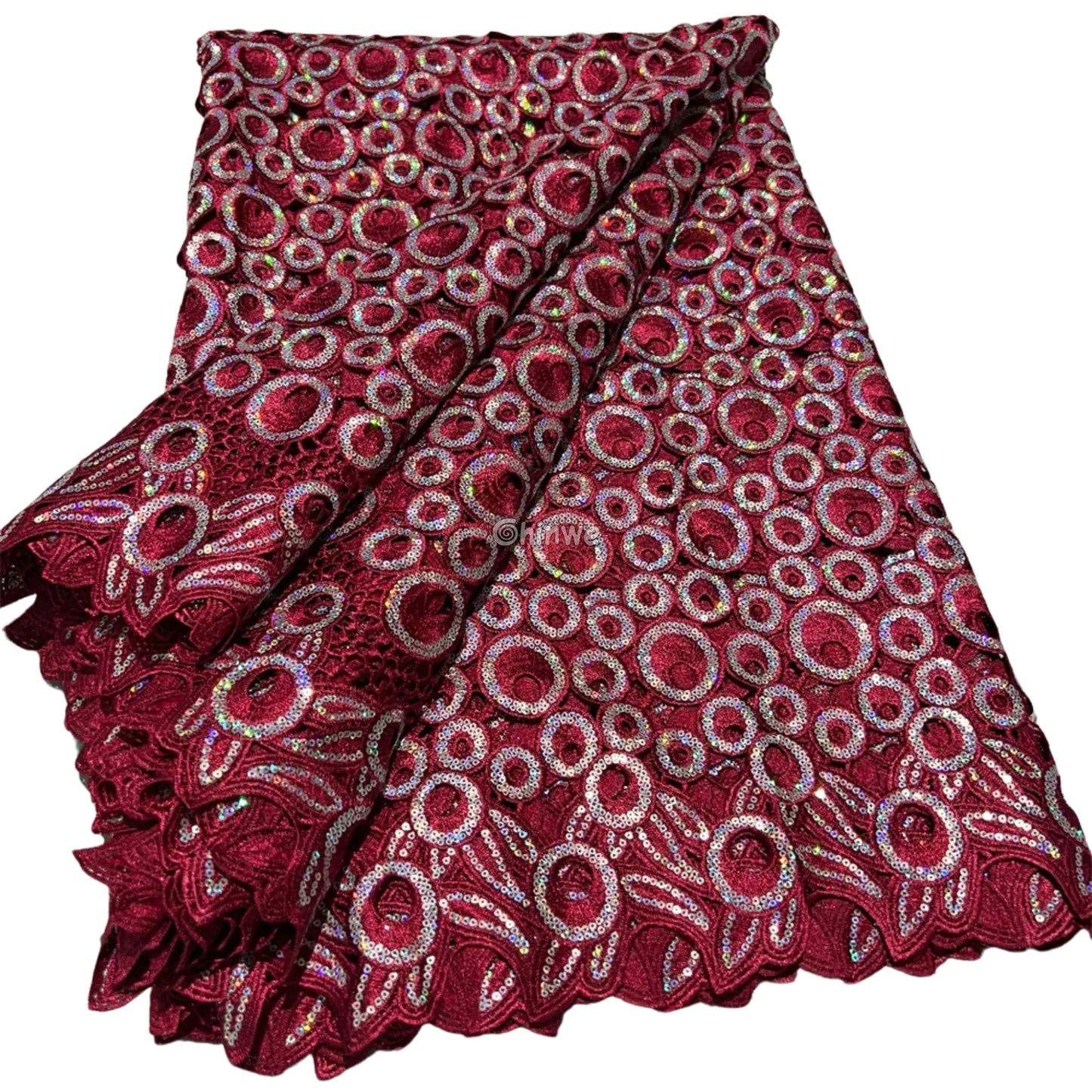 Vibrant Multi-Tone & Holographic Circular Sequins Print Guipure Cord Lace Fabric for Bridal & Couture Gowns Ruby Red &