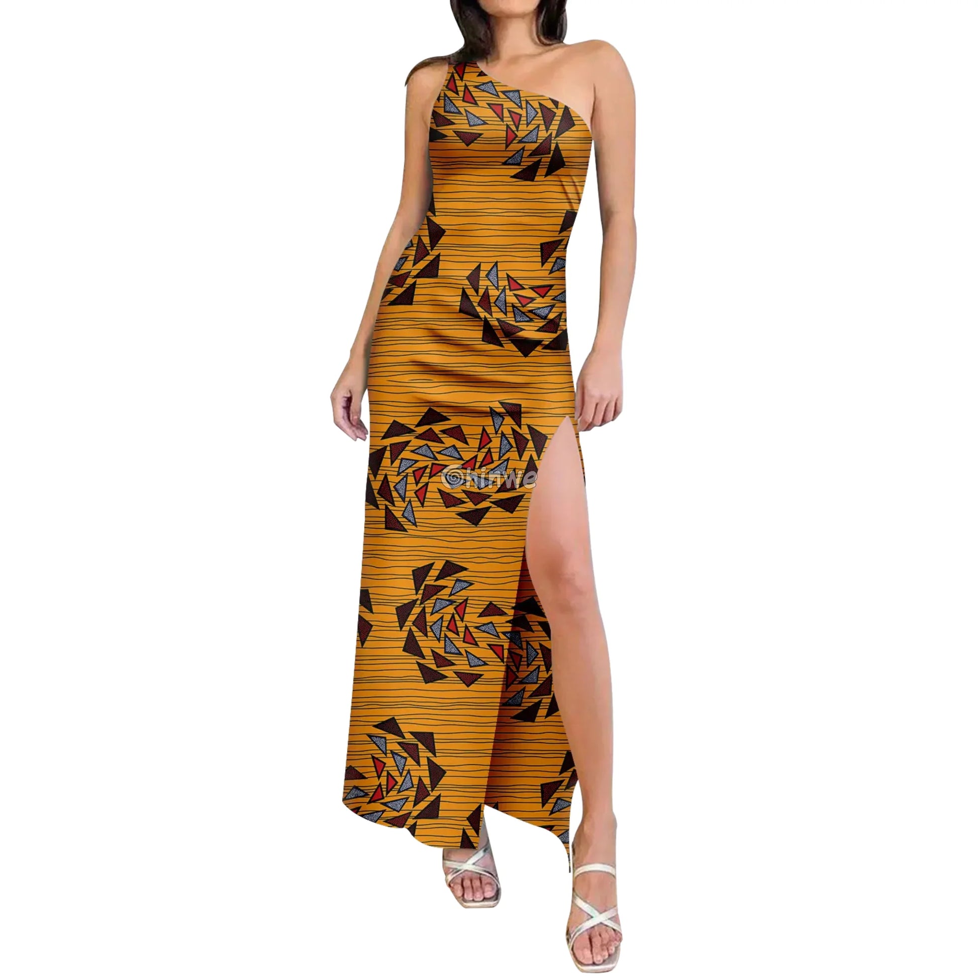 One-Shoulder High-Slit Maxi Dress in Ankara Print with Slim Fit Slash Neckline & Sleeveless Cut Women’s Clothing