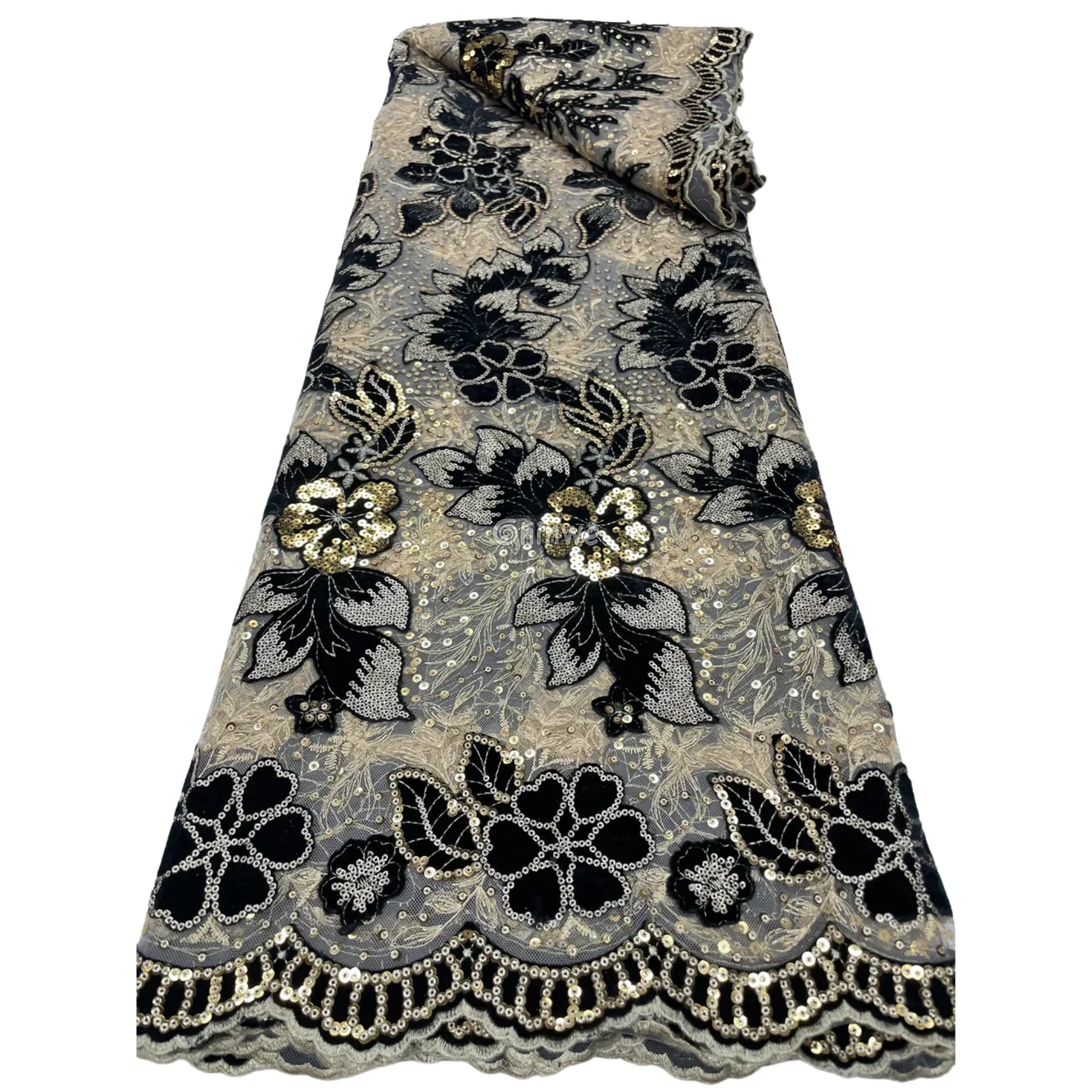 Champagne Mesh Floral Velvet Appliqué Sequined Lace Fabric with Scalloped Floral Edge