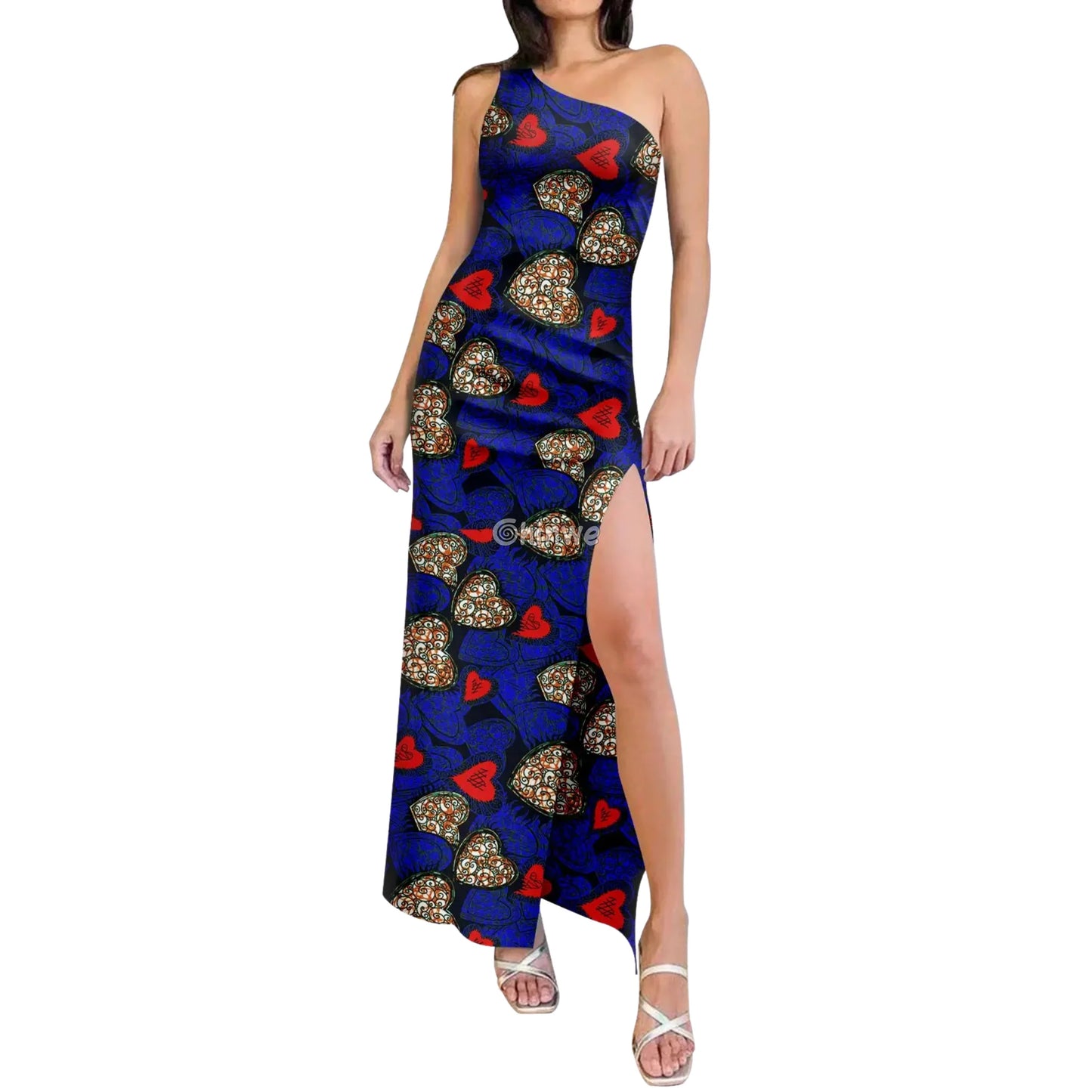 One-Shoulder High-Slit Maxi Dress in Ankara Print with Slim Fit Slash Neckline & Sleeveless Cut Midnight Petal Flame