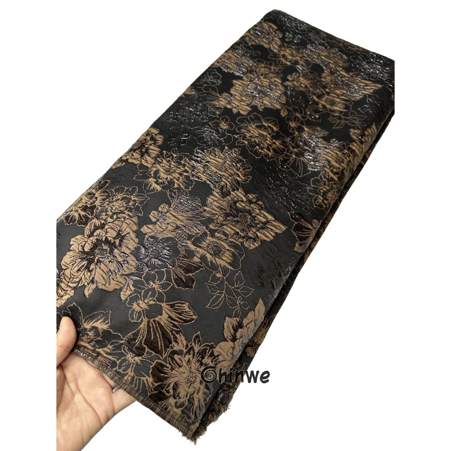 Metallic jacquard damask with raised floral pattern and gilded finish, embroidered on tulle base