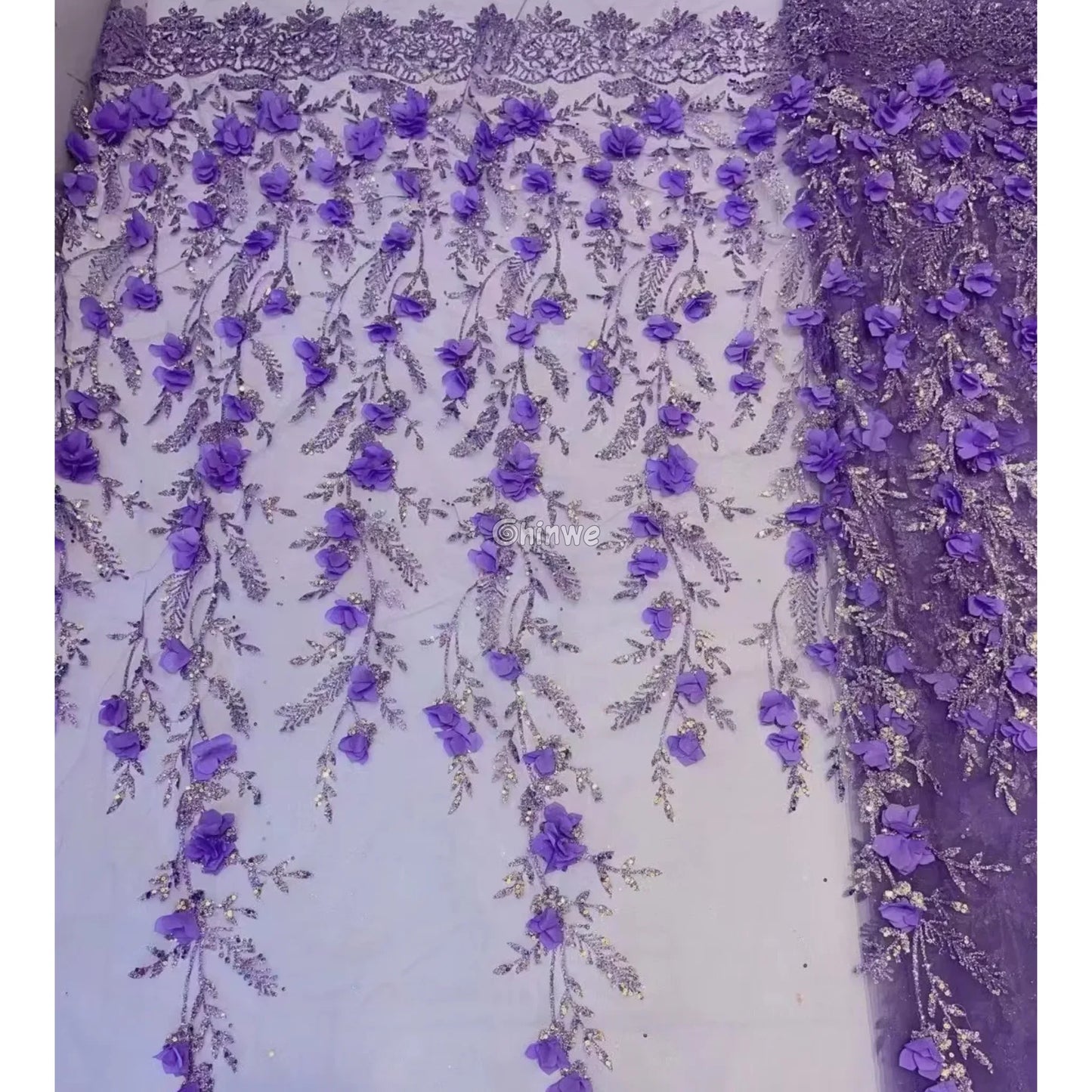 3D Appliqué Petal Lace with Sequined Vine Embroidery – Luxury Wedding & Party Fabric Lace