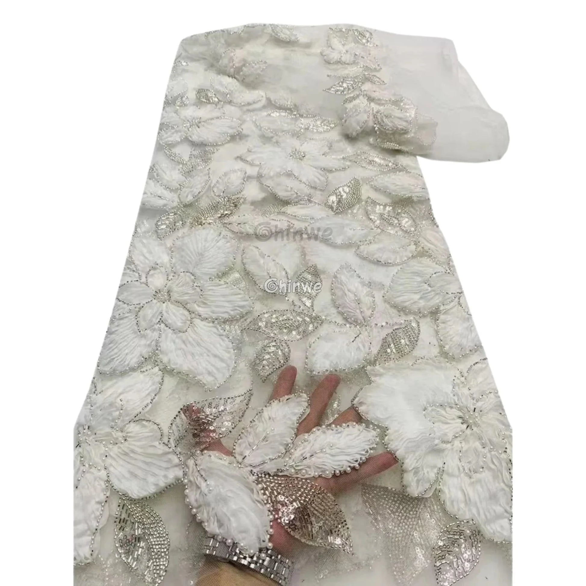 3D Floral Beaded Tulle Lace with Sequined Leaf Embroidery and Ruffled Petals on Mesh Base