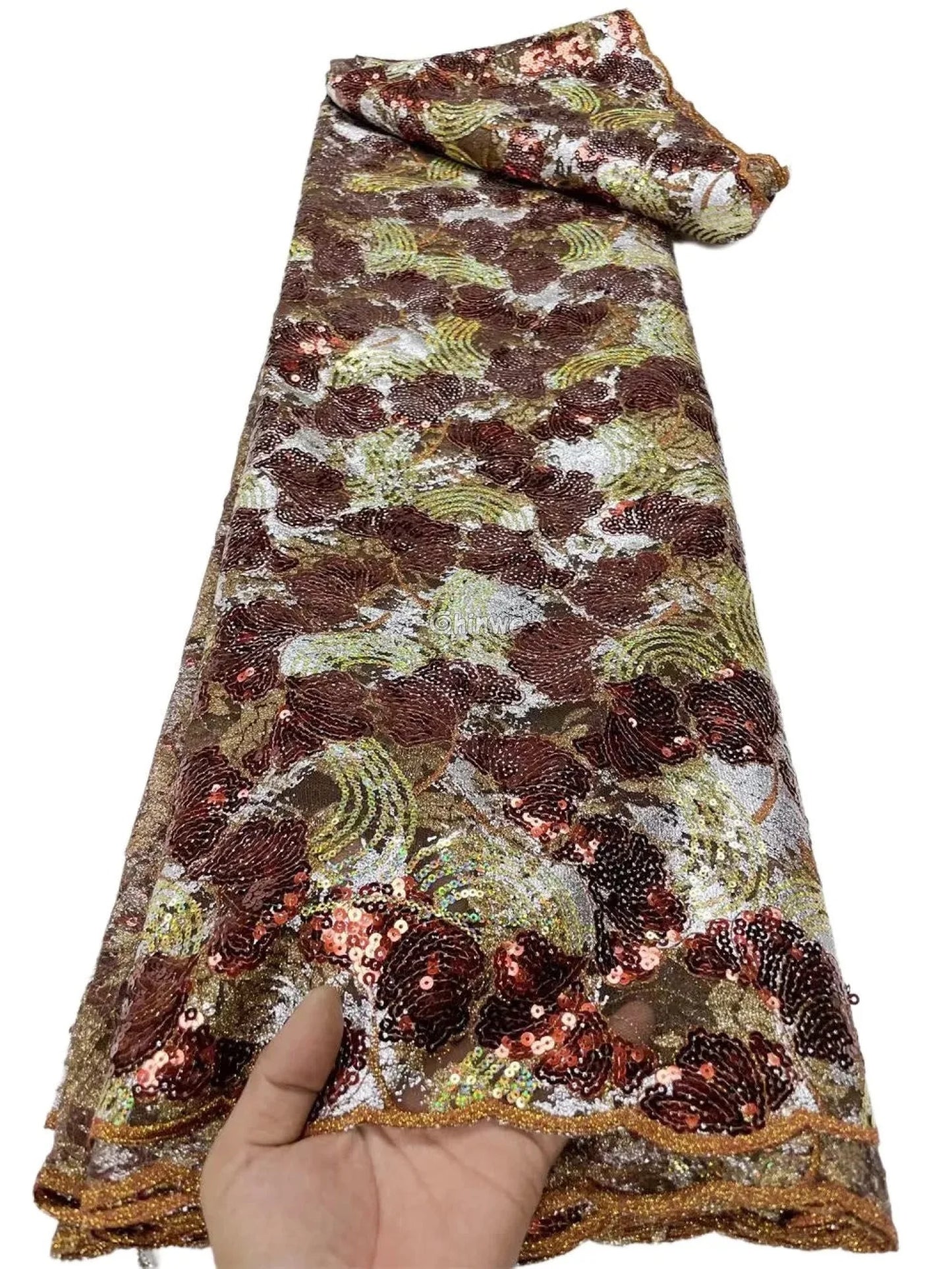 Sheer Sequin Lace Fabric with Swirling Motif and Scalloped Edge Embellished with Metallic Sequins