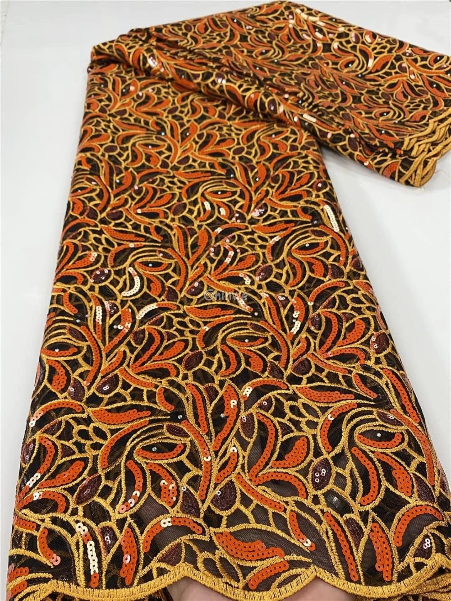 Emerald & Midnight Black Sequined & Embroidered Leaf & Vine Appliqué Mesh Print Fabric Lace