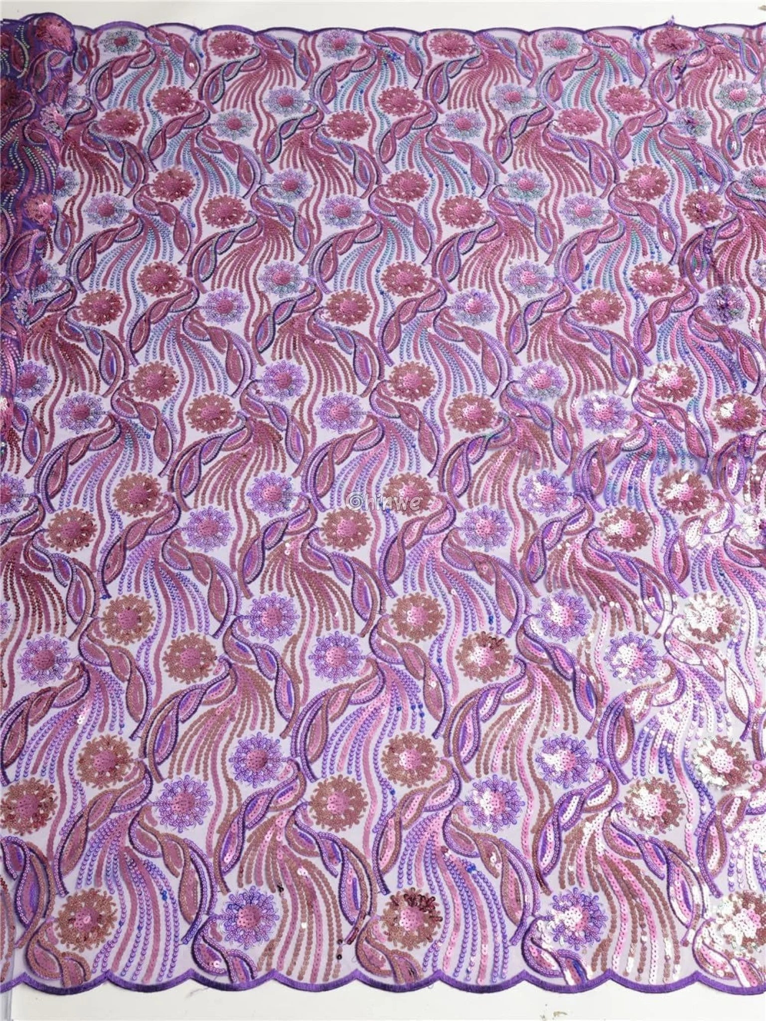 Amethyst & Rose Swirling Waves & Floral Medallion Sequin Print Fabric Lace