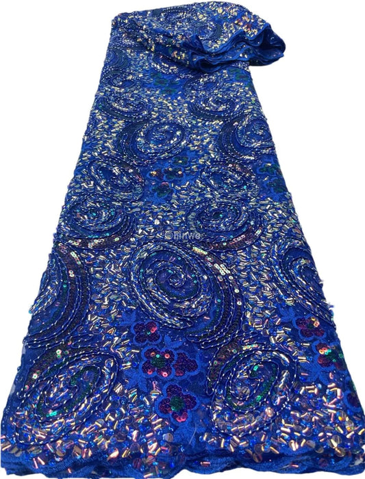 Sequined Spiral Paisley Lace with Beaded Floral Detailing on Sheer Mesh Base African Wax Print Fabric
