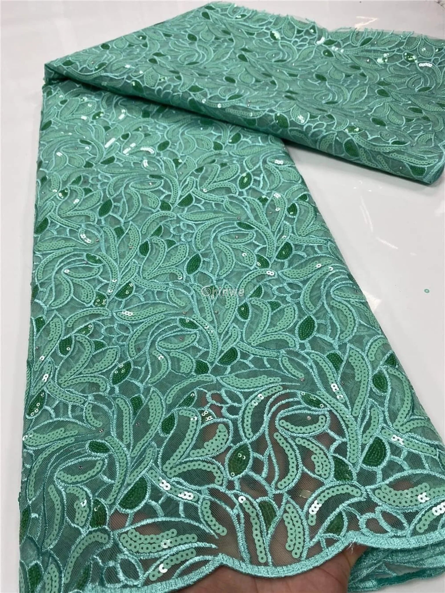 Emerald & Midnight Black Sequined & Embroidered Leaf & Vine Appliqué Mesh Print Fabric Lace