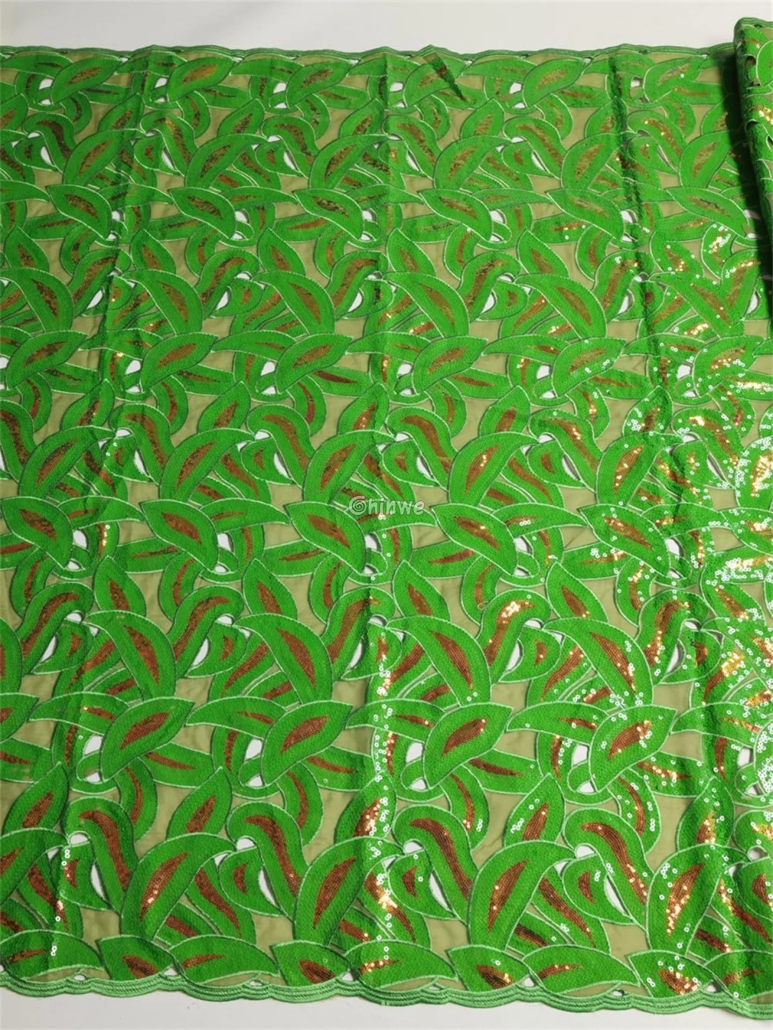 Interlocking Loop Abstract Motif Sequin Lace Print Fabric with Sheer Tulle Base Lace