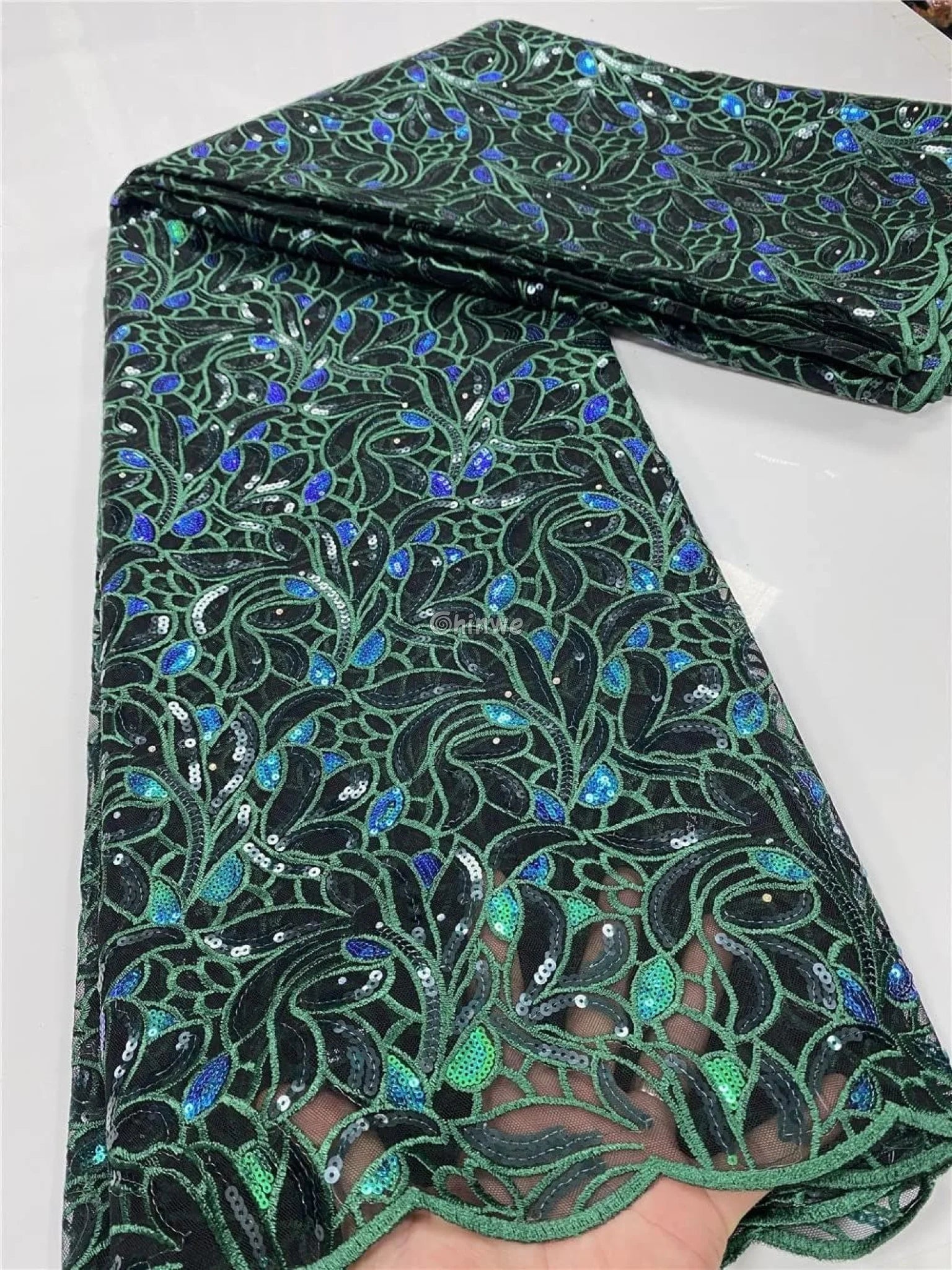 Emerald & Midnight Black Sequined & Embroidered Leaf & Vine Appliqué Mesh Print Fabric Lace