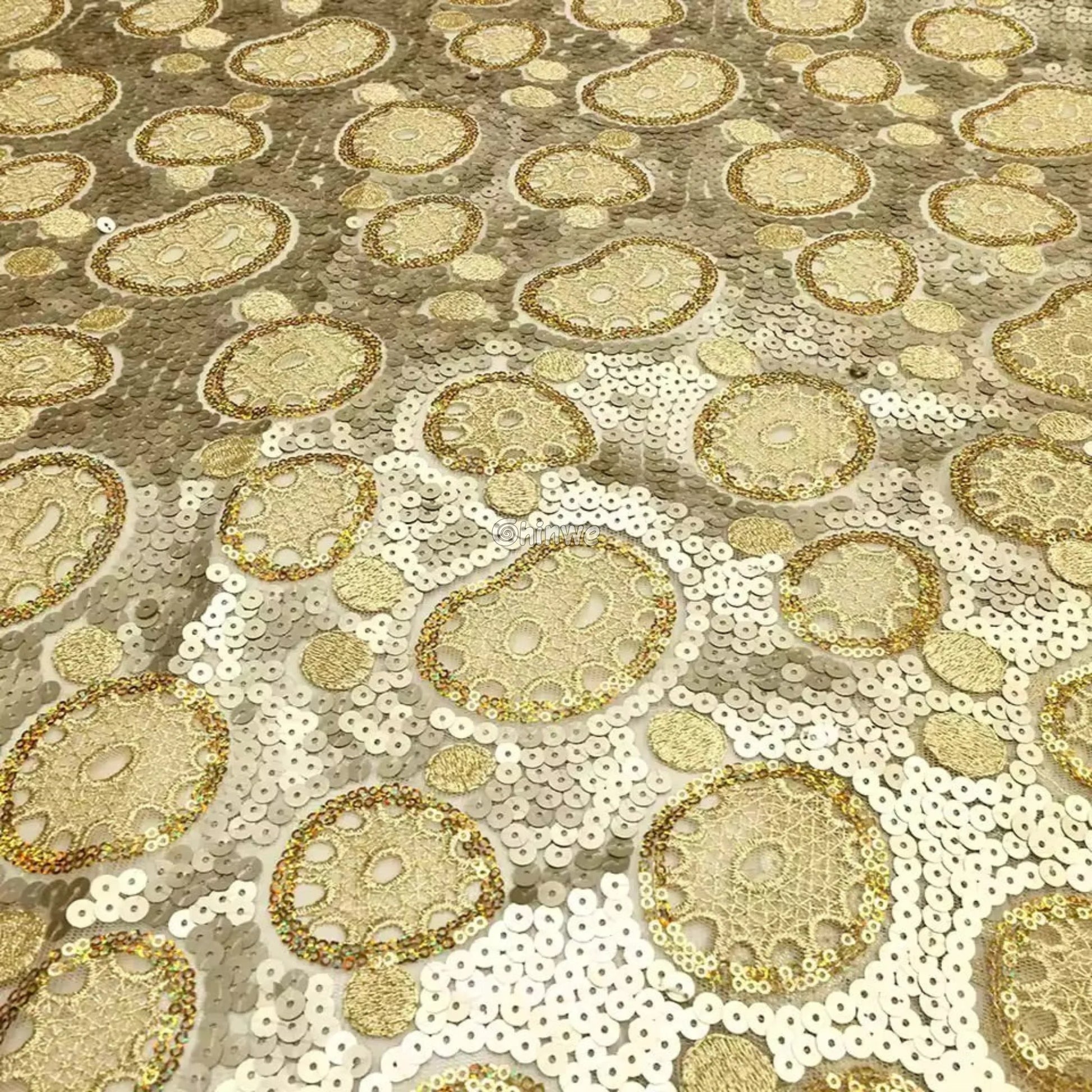 Sheer Sequined Stretch Lace Geometric Circle & Medallion Embroidered Print Fabric Lace