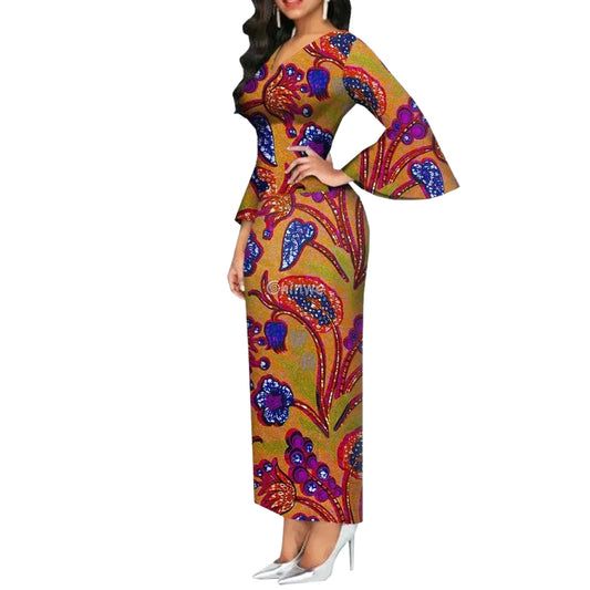 Imani One Shoulder Flare Sleeve Ankara Dress In Mystic Roots Red Orchid Bronze / Customized Women’s Clothing