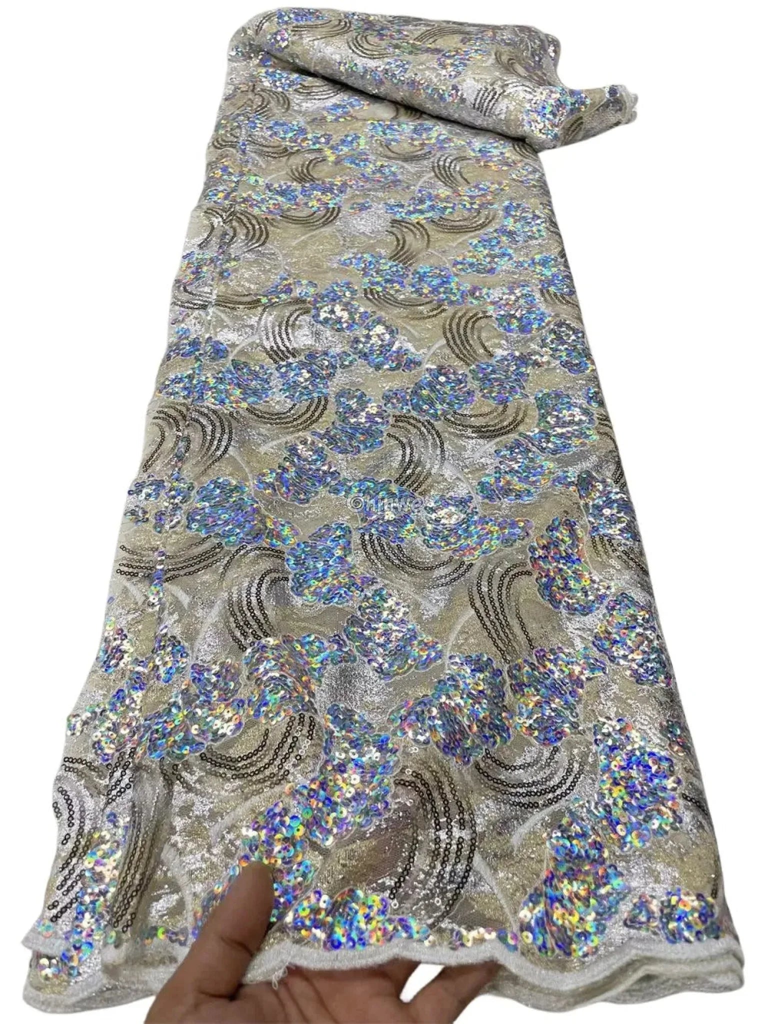 Sheer Sequin Lace Fabric with Swirling Motif and Scalloped Edge Embellished with Metallic Sequins