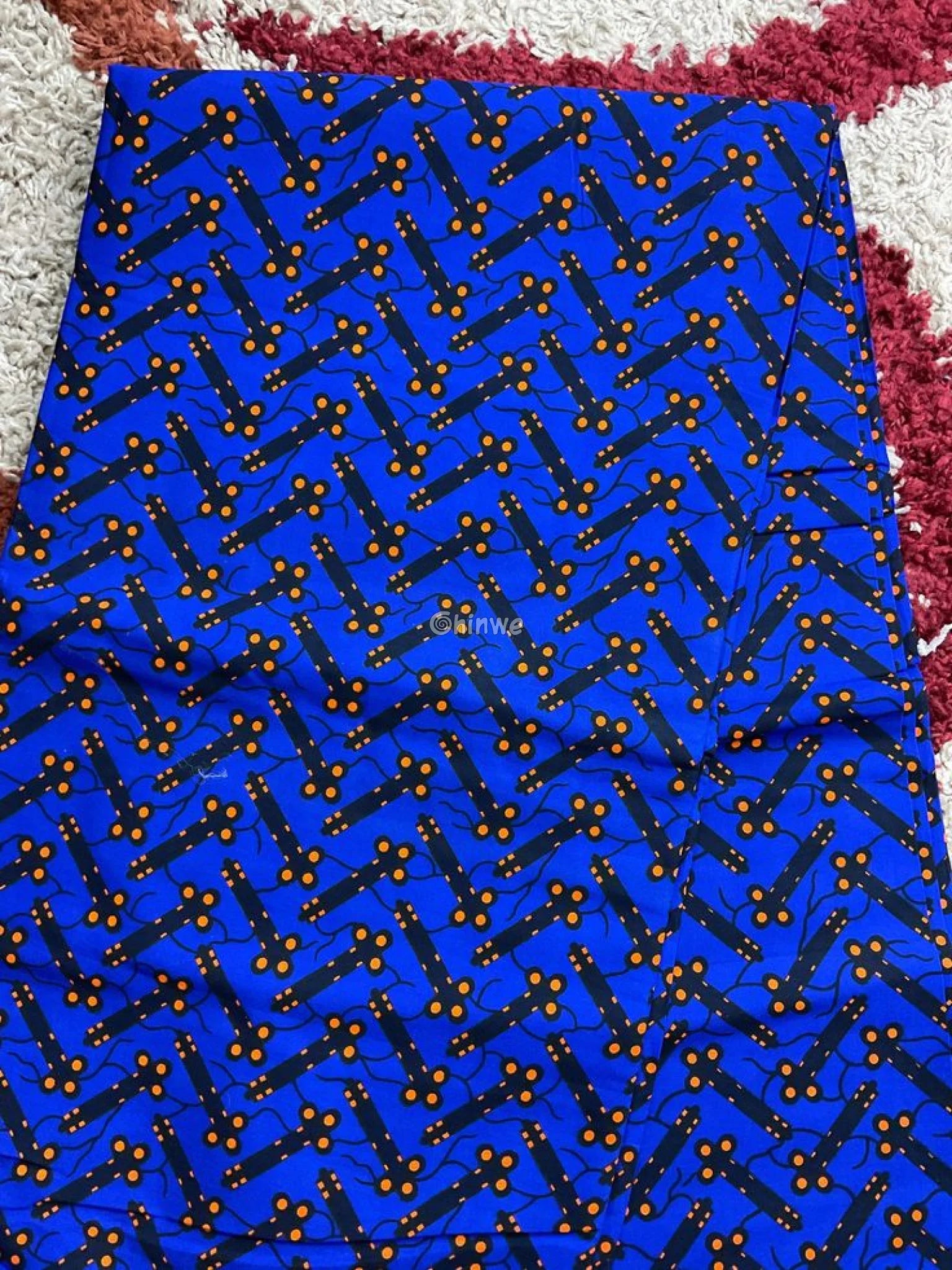 Cobalt Blue & Black Bar and Orange Dot Ankara Wax Print Fabric 6 yards cotton
