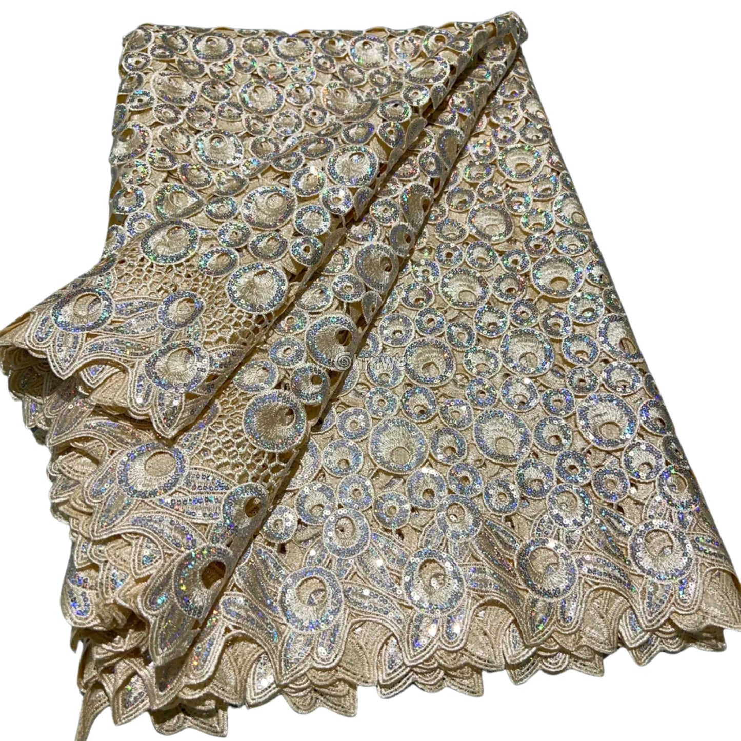 Vibrant Multi-Tone & Holographic Circular Sequins Print Guipure Cord Lace Fabric for Bridal & Couture Gowns Golden