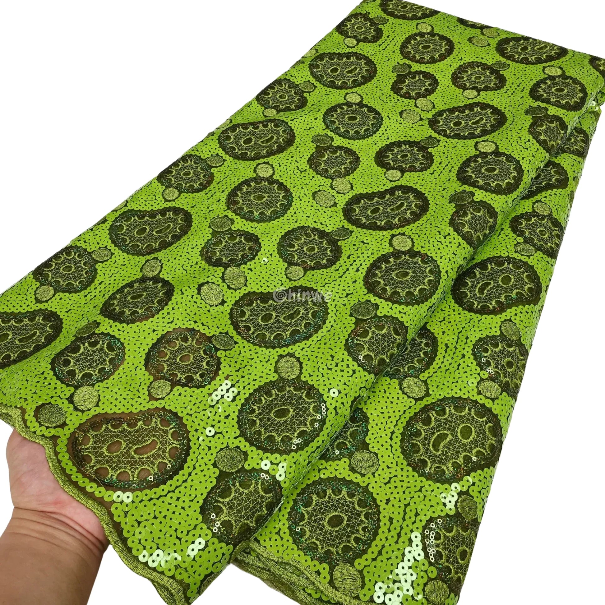 Sheer Sequined Stretch Lace Geometric Circle & Medallion Embroidered Print Fabric Lace